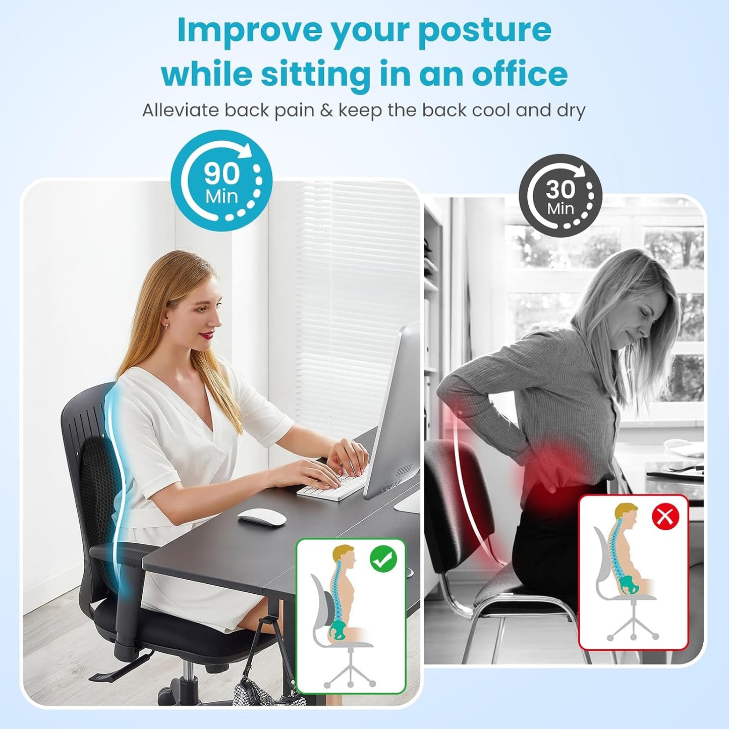 Lumbar Support Pillow Office Chair Car Back Pillow Ergonomic Lower Back Pain Relief Breathable Air Fiber Cushion with Hours Sitting on Worker Driver & Handicapped, Adjustable Strap (Black)