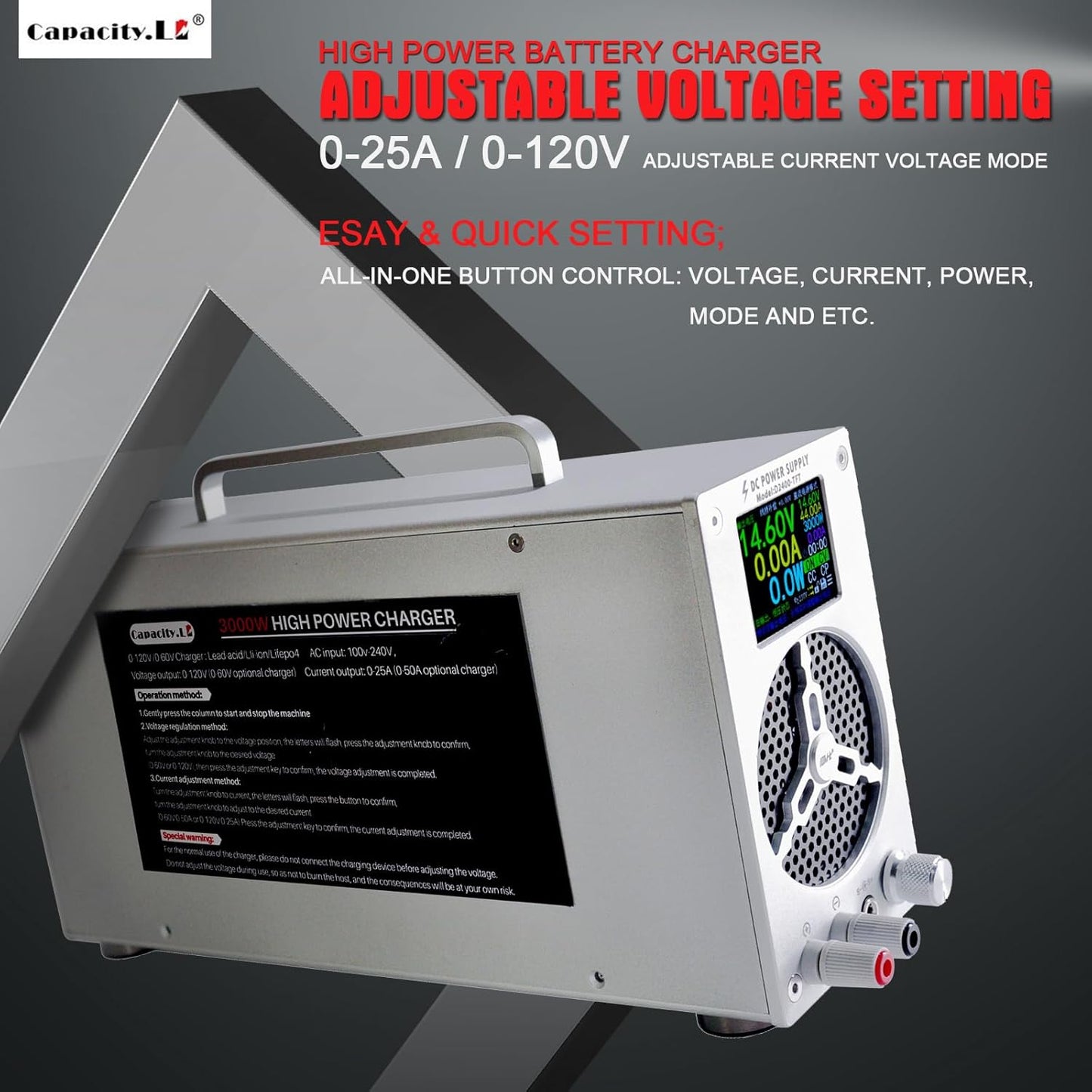 High Power Battery Charger, 0-120V Upgraded Design LifePO4 Battery Charger, One Click Control Adjustable Current/Voltage for LiFePO4 Lithium Iron Rechargeable Battery((0-25A)