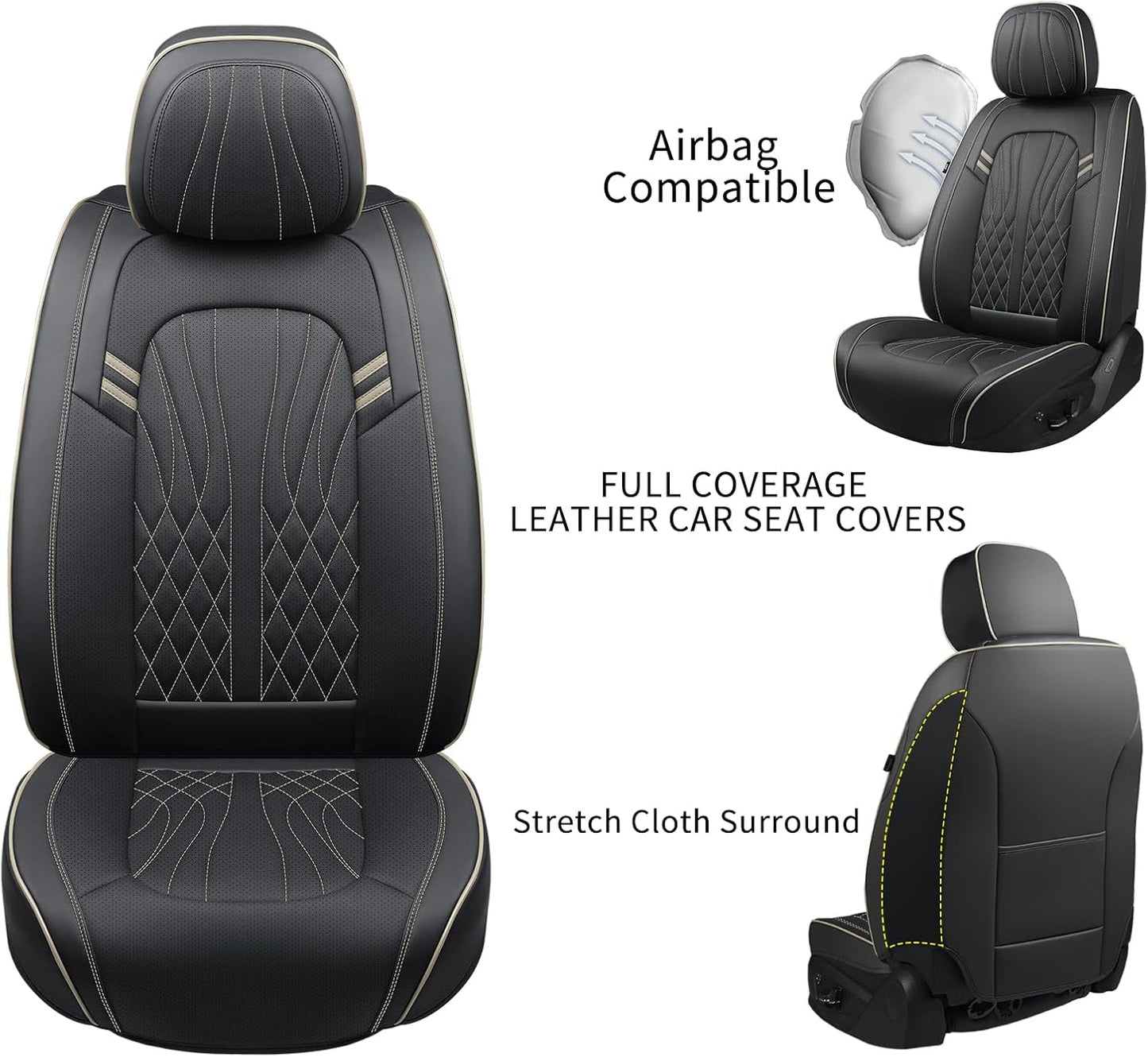 Seat Covers for Cars, Waterproof Seat Covers, Leather Car Seat Covers 2 Pack, Universal Seat Cushion Protector for Most Cars Black&Beige Line