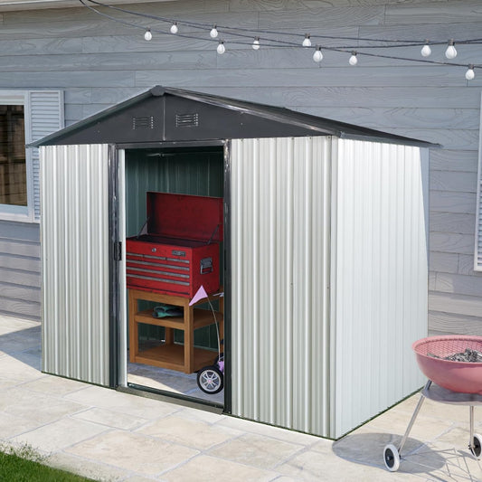 4x8 FT Outdoor Storage Shed, Metal Garden Shed with Frame Floor, Outside Tool Shed with Lockable Sliding Doors, Waterproof Storage Building with Sloped Roof for Backyard, Patio, Lawn, White+Black