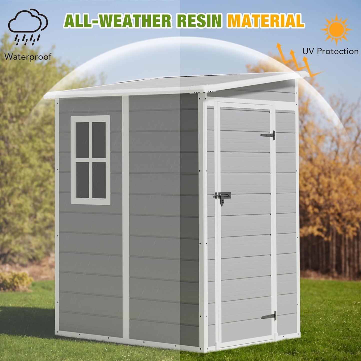 Greesum 5' x 4' Resin Weather Resistant Outdoor Storage Shed with Floor for Garden,Backyard,Pool Tool, Light Grey