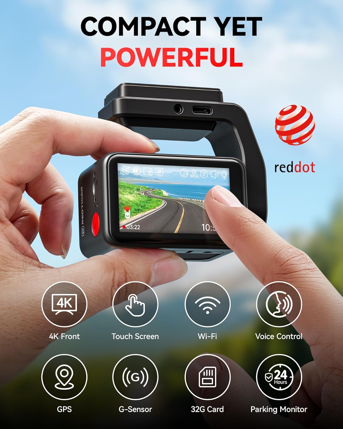 REDTIGER F4 4K Dash Cam Front, 2.2 inch Mini Car Camera, 2160P UHD Touch Screen, Voice Control, Included 32GB Card, Night Vision, Built-in GPS, WiFi APP Control, Loop Recording, 24H Parking Monitor