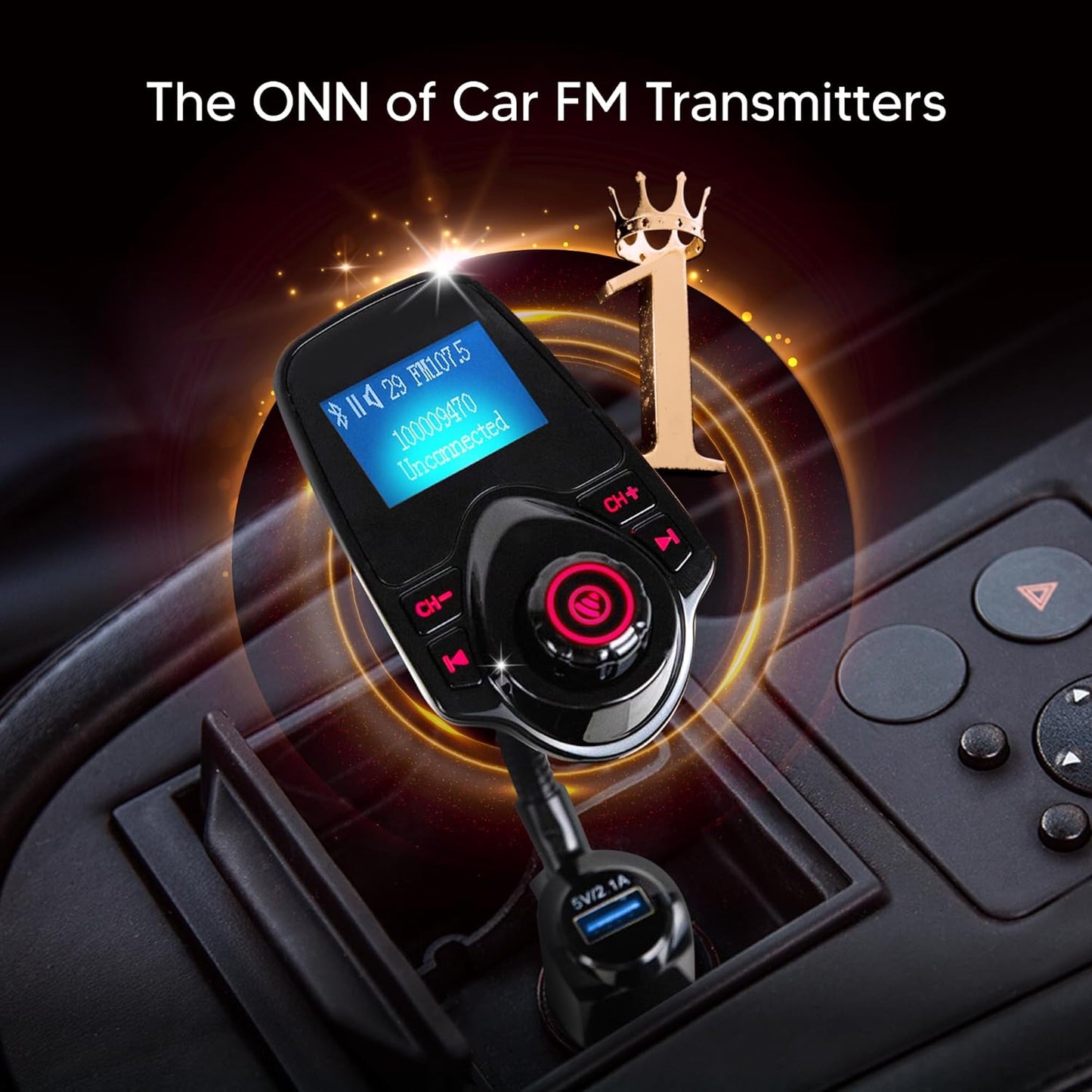 ONN Upgraded 2025 Car Bluetooth FM Transmitter – 1.44" Display, Flexible Gooseneck, Hands-Free Calls, Wireless Music Player, Radio Adapter, USB Charger, Micro SD Card & AUX Support