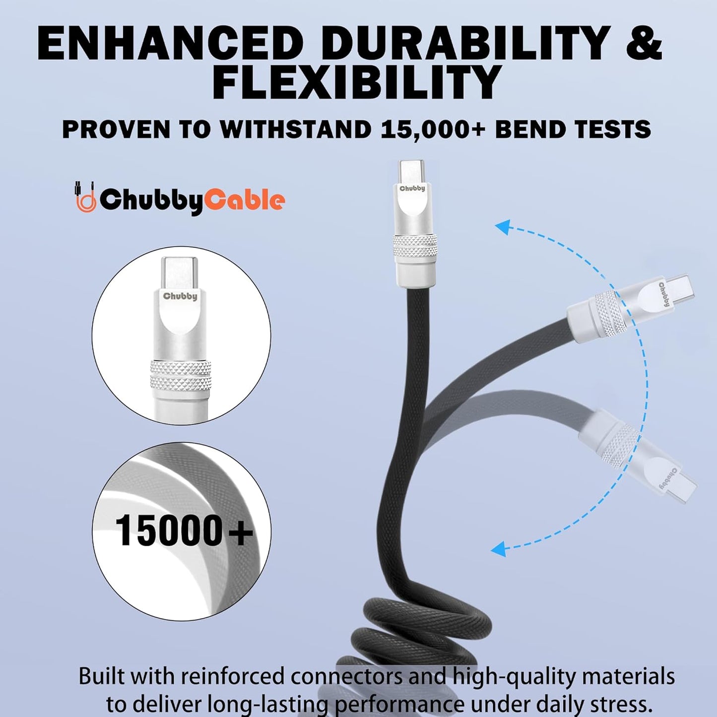chubbycable Curly Chubby - Retractable Fast Charging Cable 240W Coiled Charger Cord for Car Durable USB-C Cable for Phones, Tablets and More, Dark Blue, USB-A to Type-C, 1.3FT-2.3FT