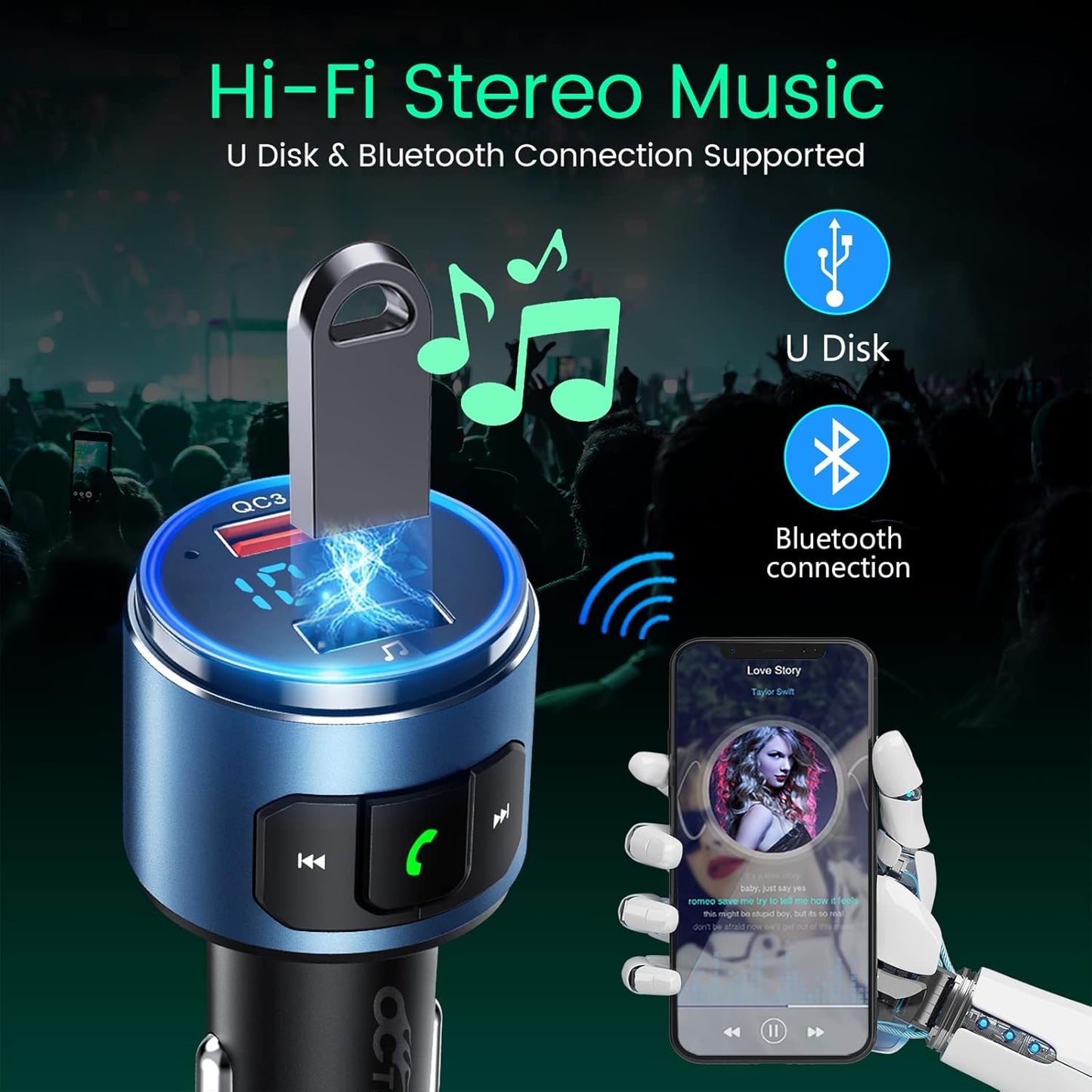Upgraded FM Bluetooth Transmitter Car, QC3.0 Quick Charging & LED Backlit Bluetooth Car Adapter/FM Transmitter/Hi-Fi Music Player with Noise Cancelling Calls, Siri Google Assistant