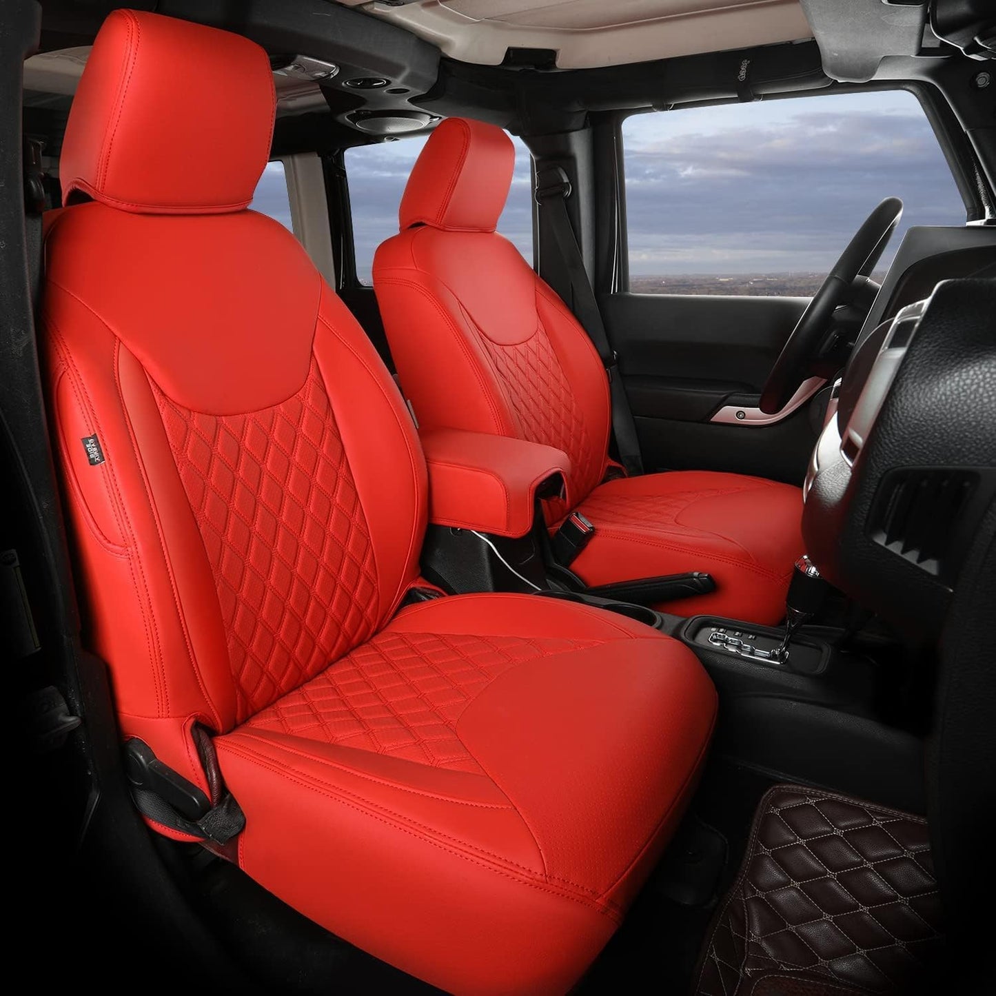 GIANT PANDA Customized Full Set Car Seat Covers for Jeep Wrangler 4 Door JK Sahara Sport Rubicon Unlimited Willys Wheeler Altitude 2013 2014 2015 2016 2017, Faux Leather - (Red)