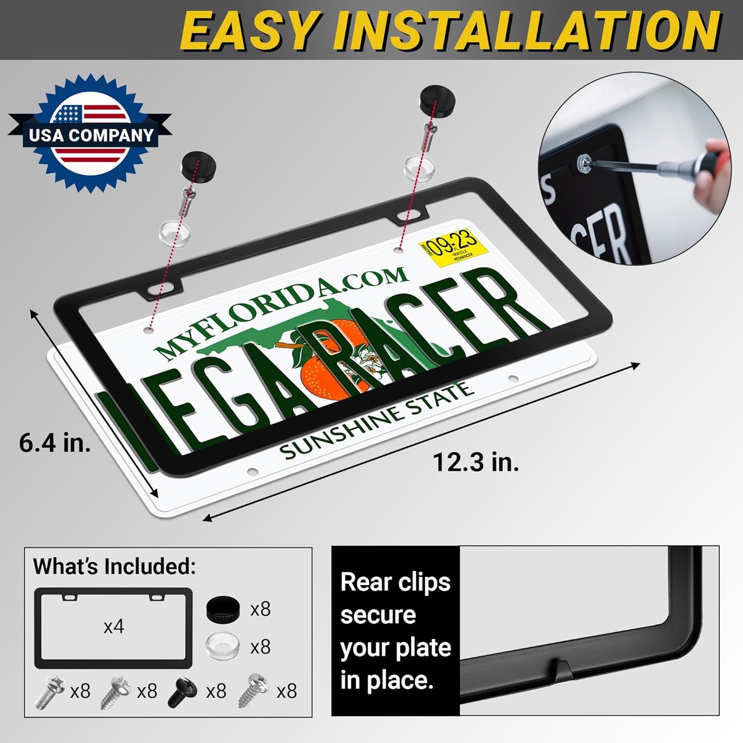 Premium Slim Matte Black License Plate Frames – Best Value 4 Pack, Rust-Free Stainless Steel & Rattle-Free, Street Legal, Universal with Screw Cover, Thin Edged Metal Front & Rear Car Tag Holders