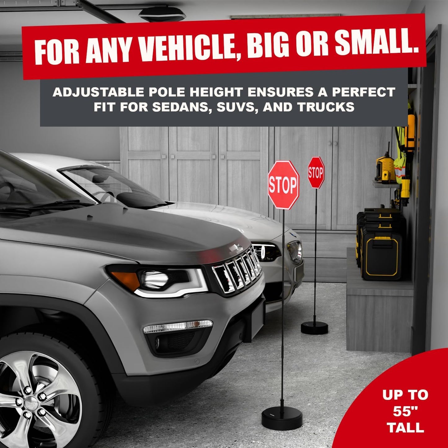 Securityman Garage Parking Aid with LED Stop Sign [Upgraded Base] – Large 7" Sign, Bright Red LEDs, Adjustable Height – Garage Car Stopper & Parking Assist Indicator