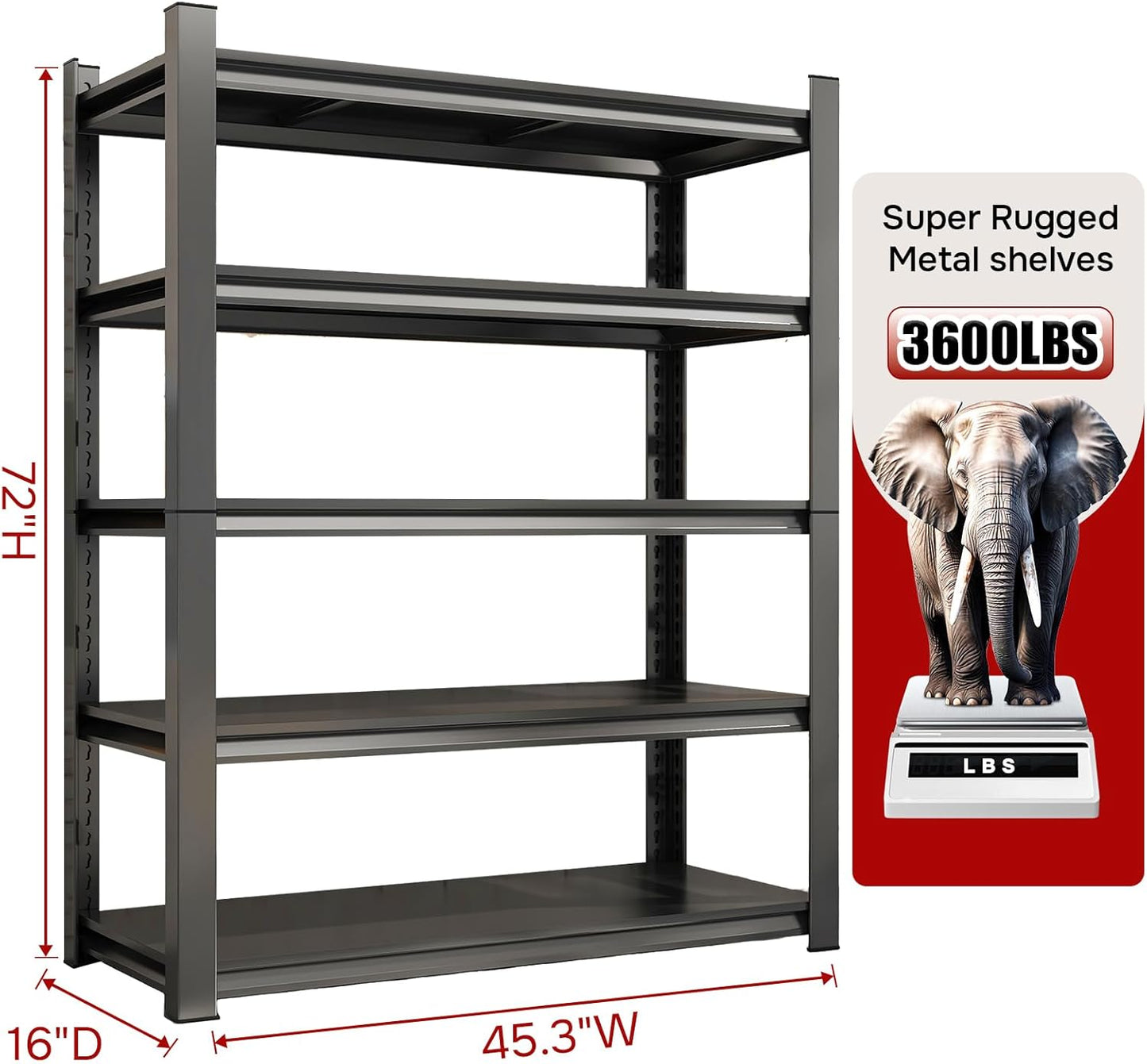 45.3" W Metal Garage Shelving Unit 3500LBS Metal Storage Shelves 5 Tier Adjustable Shelving Unit Garage Shelves for Kitchen Warehouse Pantry Basement,Rust-Resistant, 72" H x 45.3" W x 16" D,Black
