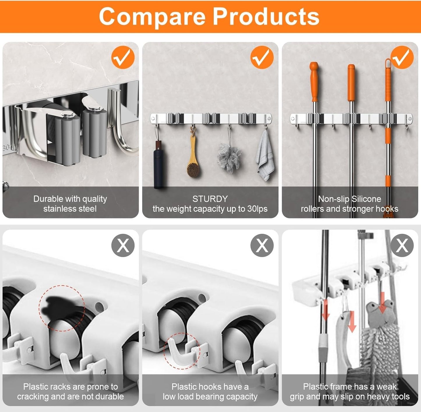 Mop and Broom Holder Wall Mount, Upgraded Broom Organizer Wall Mount, Stainless Steel Broom Hanger Wall Mount for Kitchen Garden Laundry Room Decor(4 Racks with 5 Hooks Black)