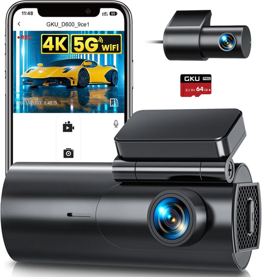 GKU Dash Cam Front and Rear Camera – 4K+1080P Dual Dash Camera for Cars with 64GB SD Card, 5GHz WiFi & App Control, Night Vision, Parking Mode, G-Sensor, Loop Recording, WDR, 170° Wide Angle