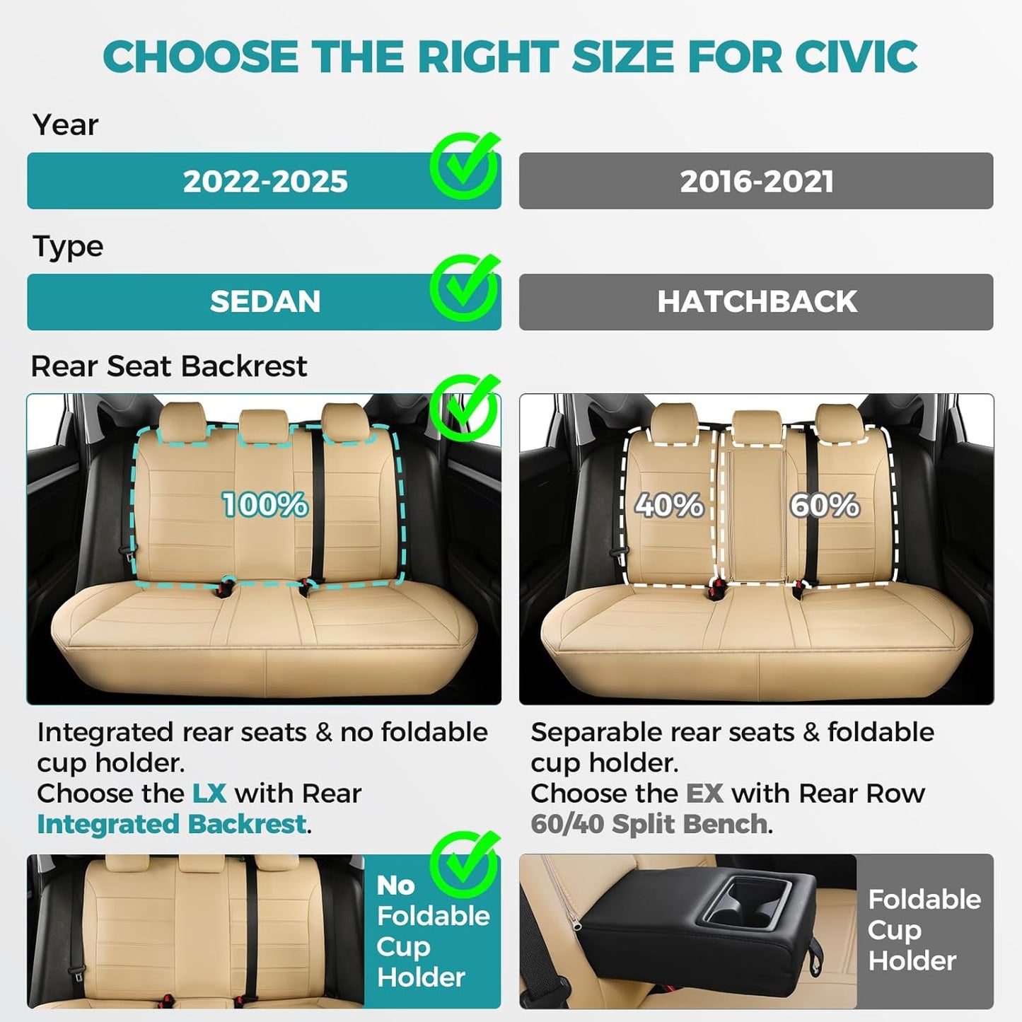 Seat Covers for Honda Civic Sedan 4DR Sedan LX 2022 2023 2024 2025, Leather Car Seats Cover Full Set,(Rear Row Solid Folding Backrest)-Beige