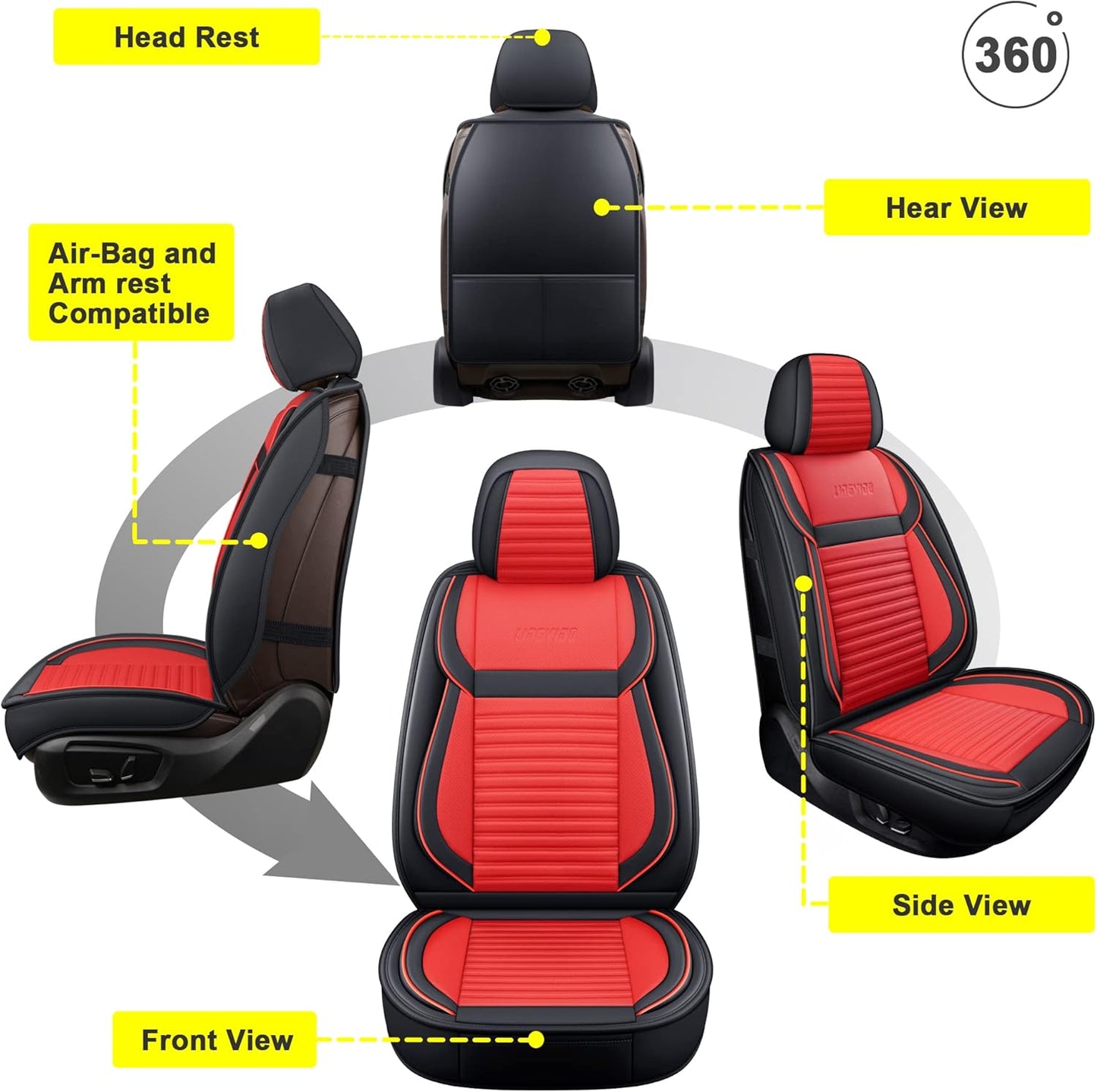 LINGVIDO Car Seat Covers, Breathable and Waterproof Faux Leather Automotive Seat Covers for Cars SUV Truck Sedan,Universal Anti-Slip Seat Cover with Backrest (Full Seat, Red+Black)