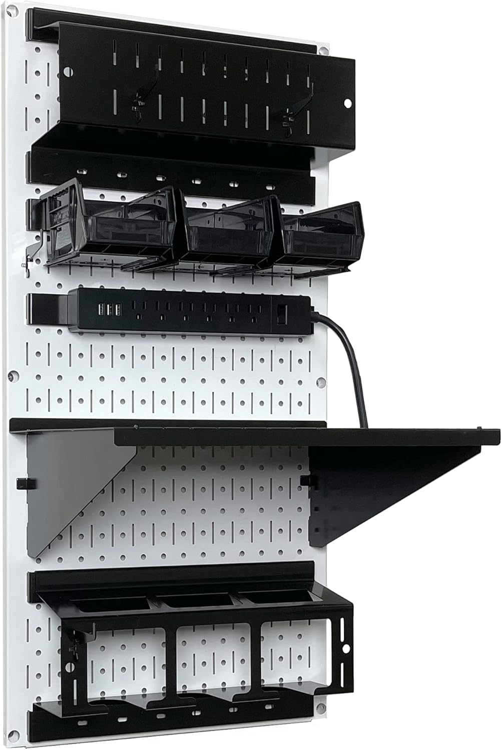 Wall Control Power Tool Storage Organizer Kit Cordless Drill Holder Charging Station Rack 16” x 32” Metal Pegboard Organization System (White Pegboard)