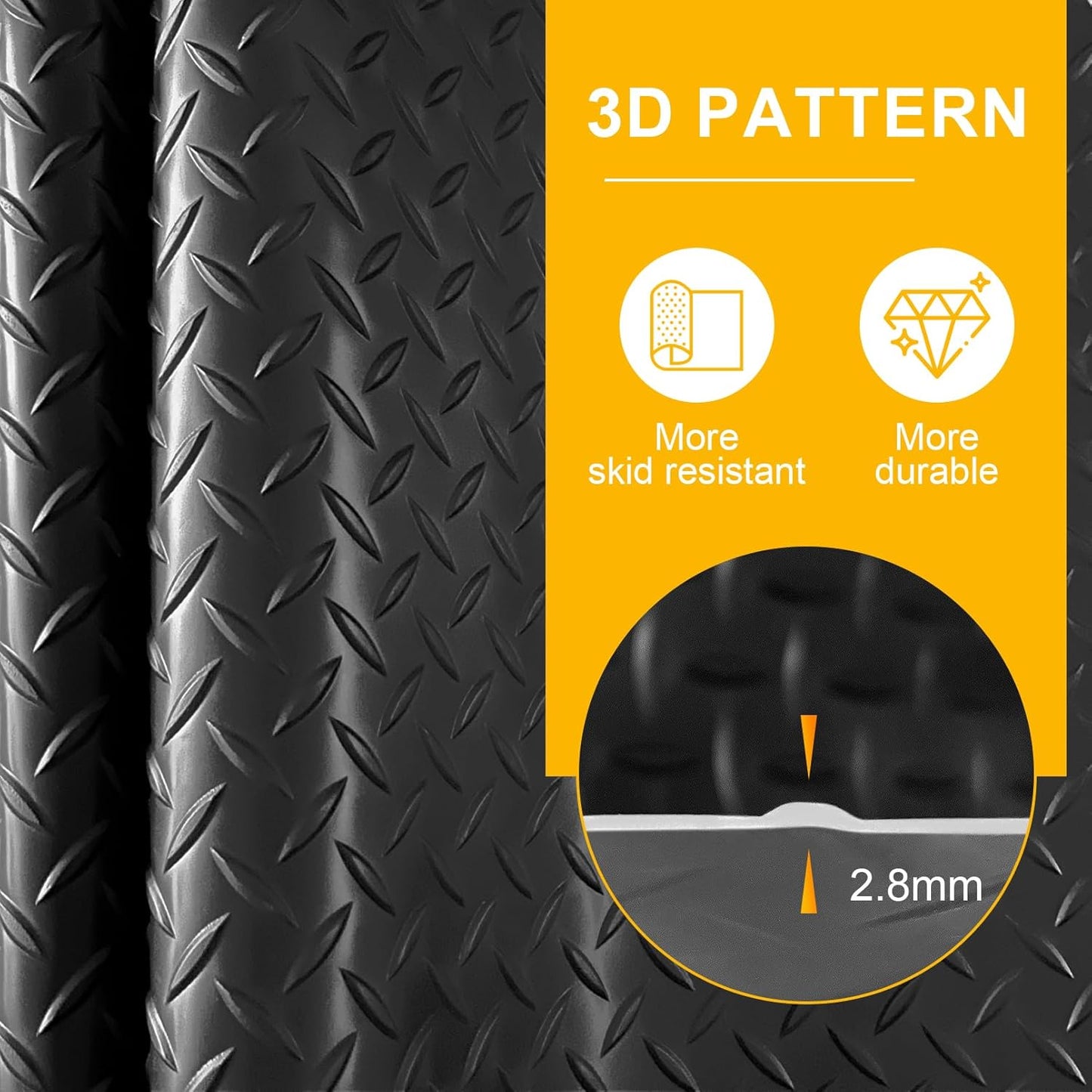 7.5x25 FT Garage Floor Mat, 2.8mm Thicked Flooring Roll 188 sqft Diamond Plate PVC Rubber Trailer Mat, Non-Slip Floor Protector Mat for Garage Warehouse Gyms Boats