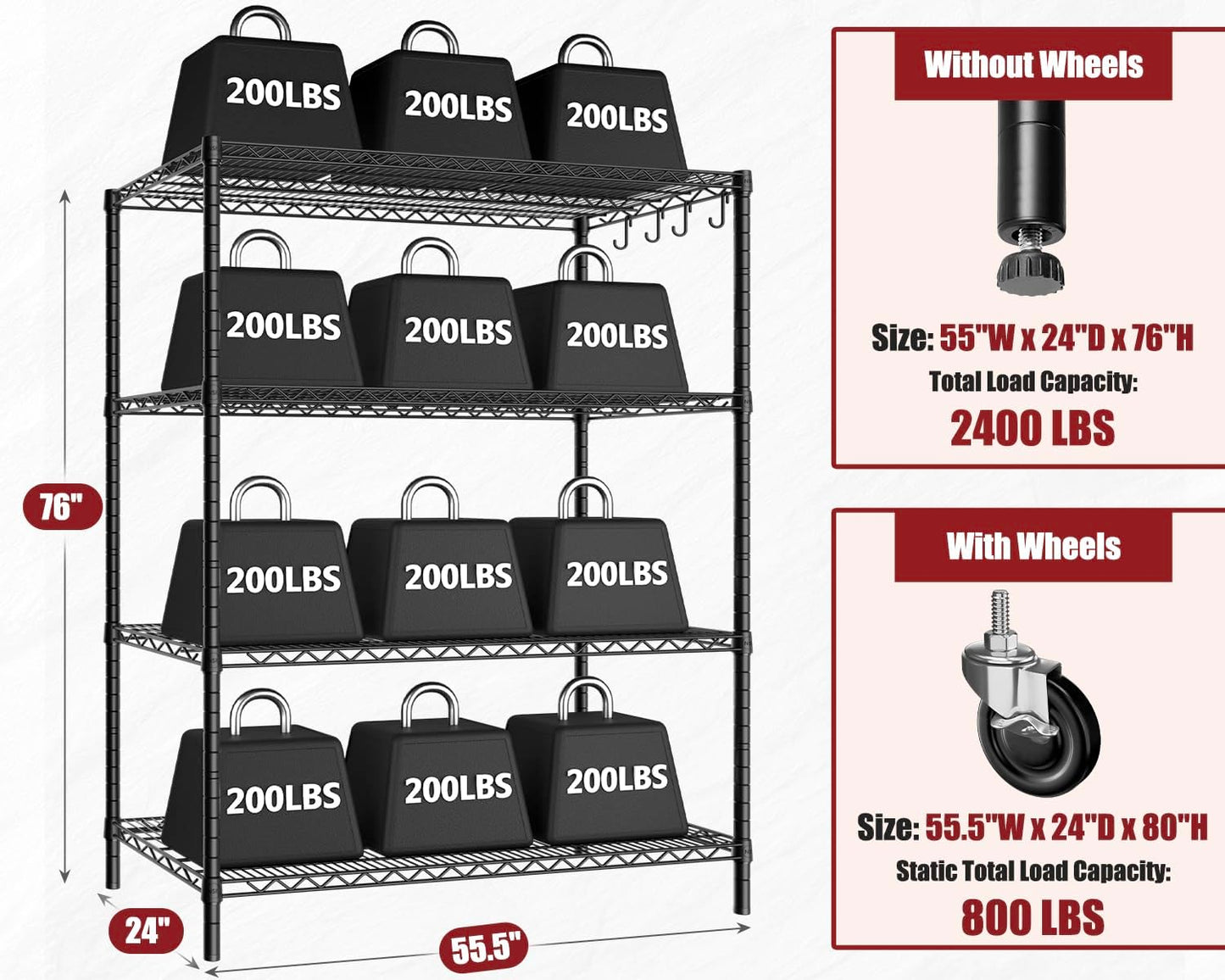PrimeZone 55.5" W x 24" D x 80" H Heavy Duty Wire Storage Shelves with Wheels, 4 Tier Adjustable NSF Certified Garage Shelving Unit, Rolling Metal Organizer Shelf Rack for Warehouse, Pantry, Black