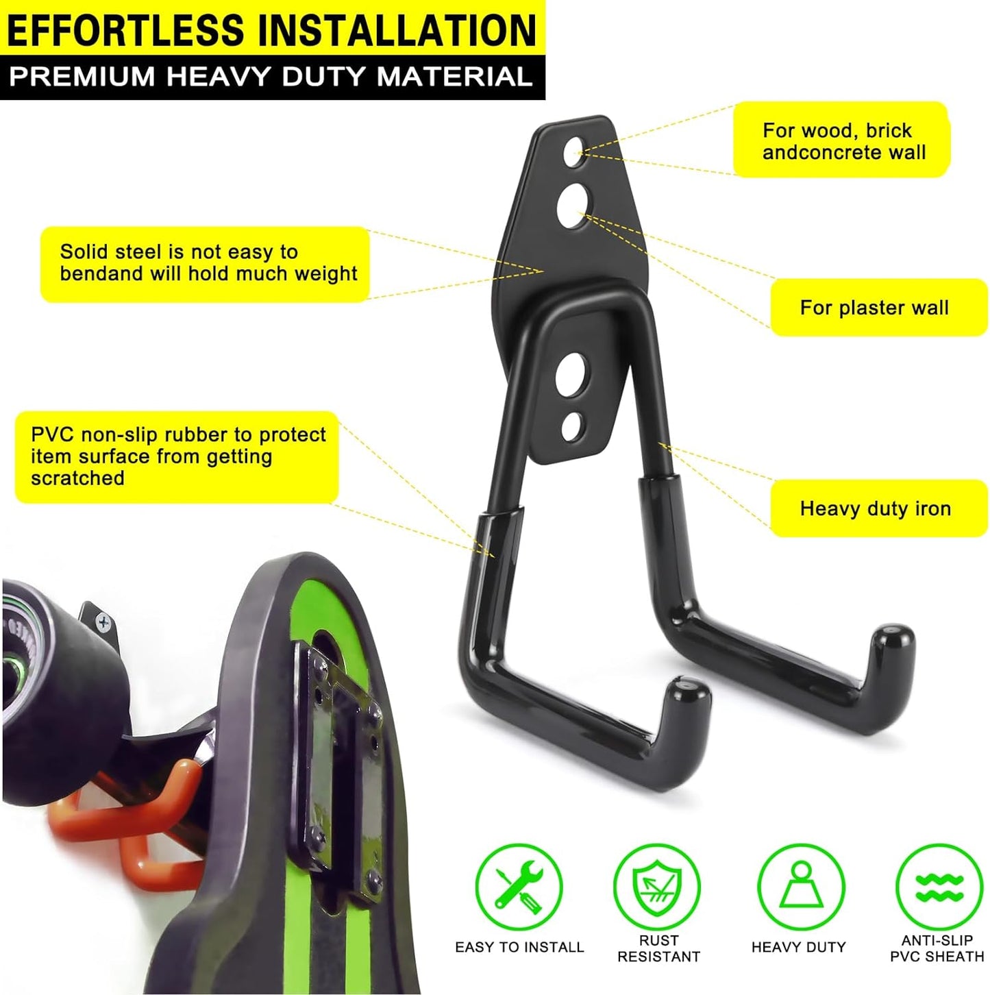 6 Pack Garage Hooks Heavy Duty Storage Organizer Wall Mount Power and Garden Tool Hangers, for Hanging Ladders, Ropes, Hose, Bulk Items