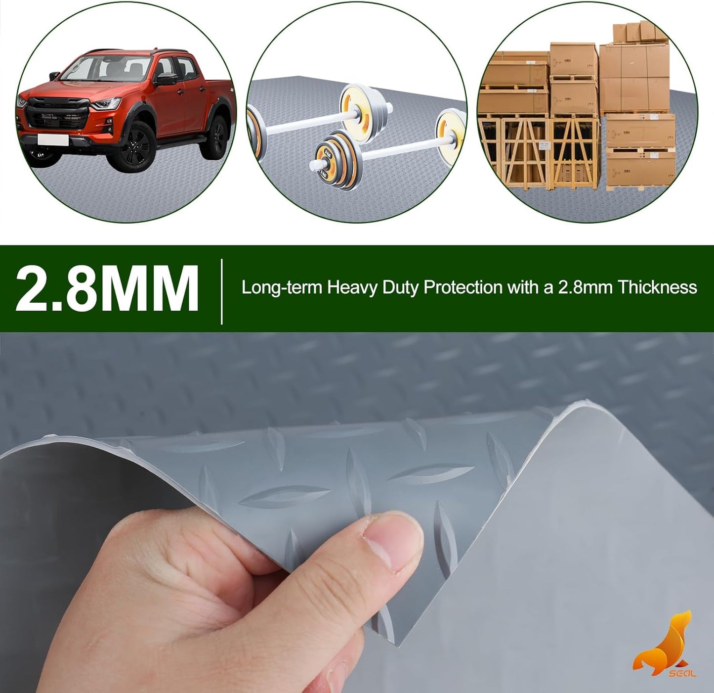 SEAL 5 x 8 Ft Premium Garage Floor Mat, Solid 2.8mm Thick Gray Commercial Grade Heavy Duty Parking Mat for Garage Floor, Golf Cart Parking, Water/Stain Resistant Floor Runner (Embossed Diamond Plate)