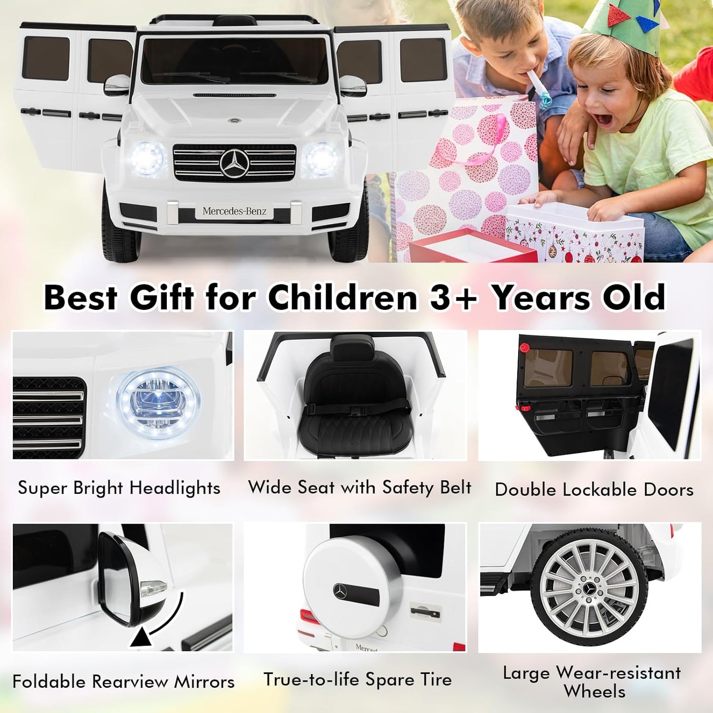 HONEY JOY Ride On Car, 12V Licensed Mercedes Benz G500, Battery Powered Ride On Truck, Lights, Music, Rocking Mode, Slow Start, Electric Cars for Kids Boys Girls (White)