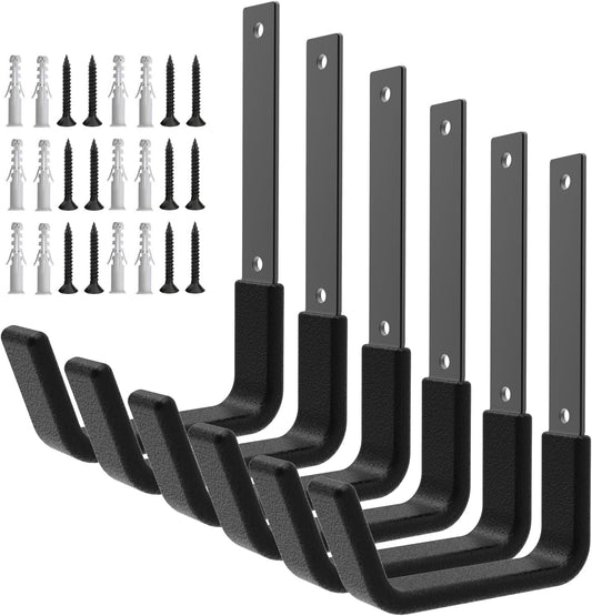 Heavy Duty Utility Hooks for Wall Mount, Garage Wall Hooks, Multi-Use Hose, Bike, Ladder, Chainsaw & Leaf Blower Hanger - 6 Medium (6 M)