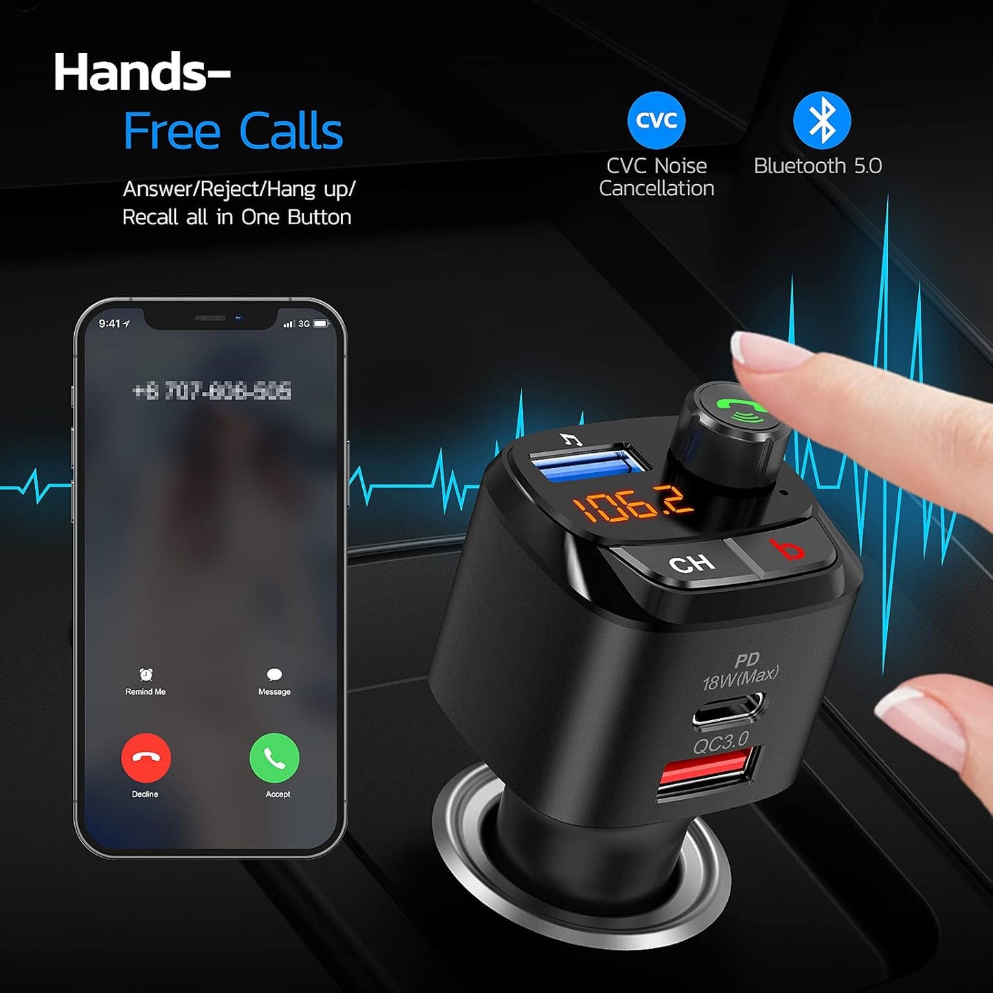 Nulaxy Bluetooth 5.0 FM Transmitter for Car, QC3.0 & USB-C PD 18W Wireless Bluetooth Radio Adapter Music Player Car Kit with Bass Booster, Hands-Free Calls-NX12