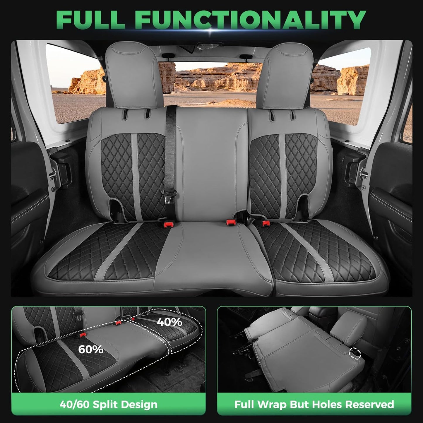 for Jeep Wrangler Seat Covers 4Door JK 2013 2014 2015 2016 2017, Custom Fit Car Seat Cover Full Set, Luxury Leather Seat Protectors, Waterproof SUV Interior Cushions Accessories, Gray Black