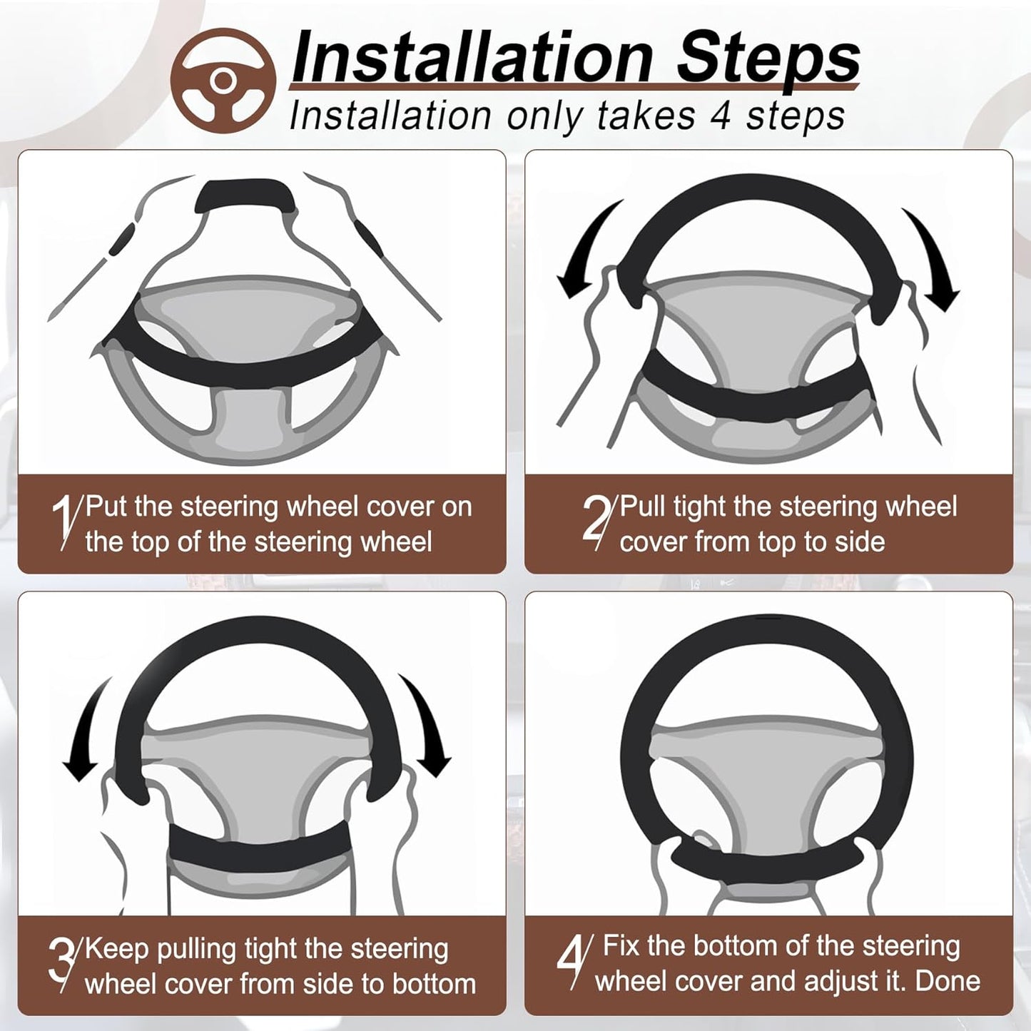 alpmosn Elastic Stretch Steering Wheel Cover, Breathable Microfiber Ice Silk, Anti-Slip, Easy Carry, Universal Interior Accessories Steering Wheel Cover for Women & Men (Brown-Black)