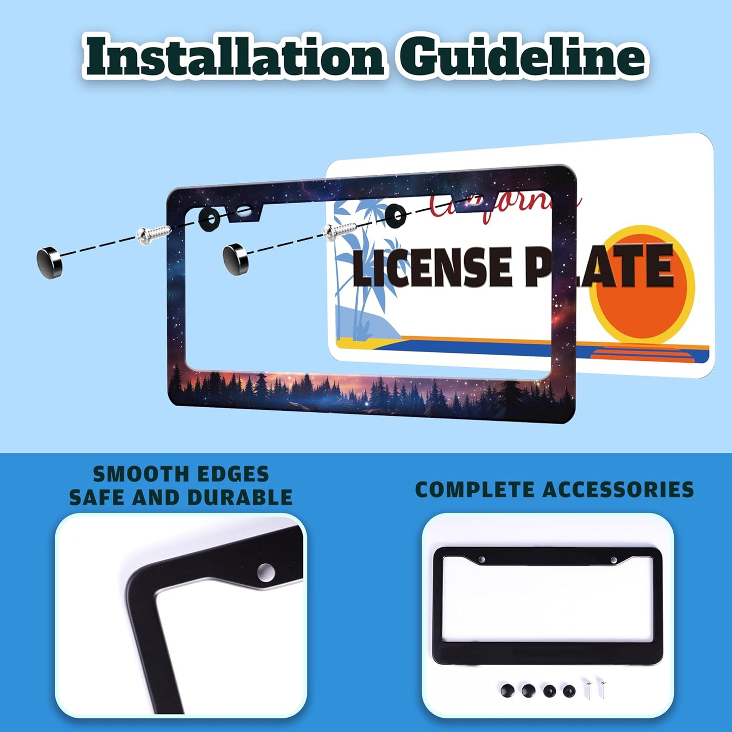 Starry Sky Galaxy License Plate Frame Beautiful Night Forest Funny License Plate Holder for Front or Rear Car Tags Durable Stainless Steel Car Decoration with Screws 6.3 X 12.2 in for Men Women