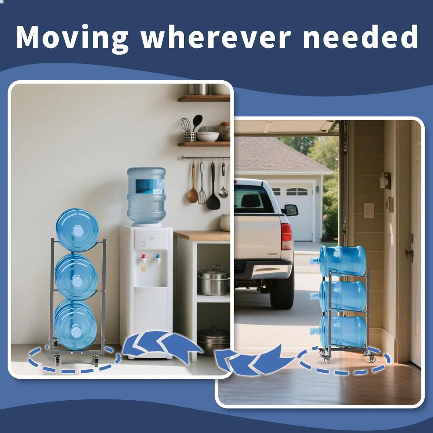 Water Jug Holder with 4 Wheels: 3 Tier Movable Gallon Bottle Storage Rack for Office Gym Garage - Black