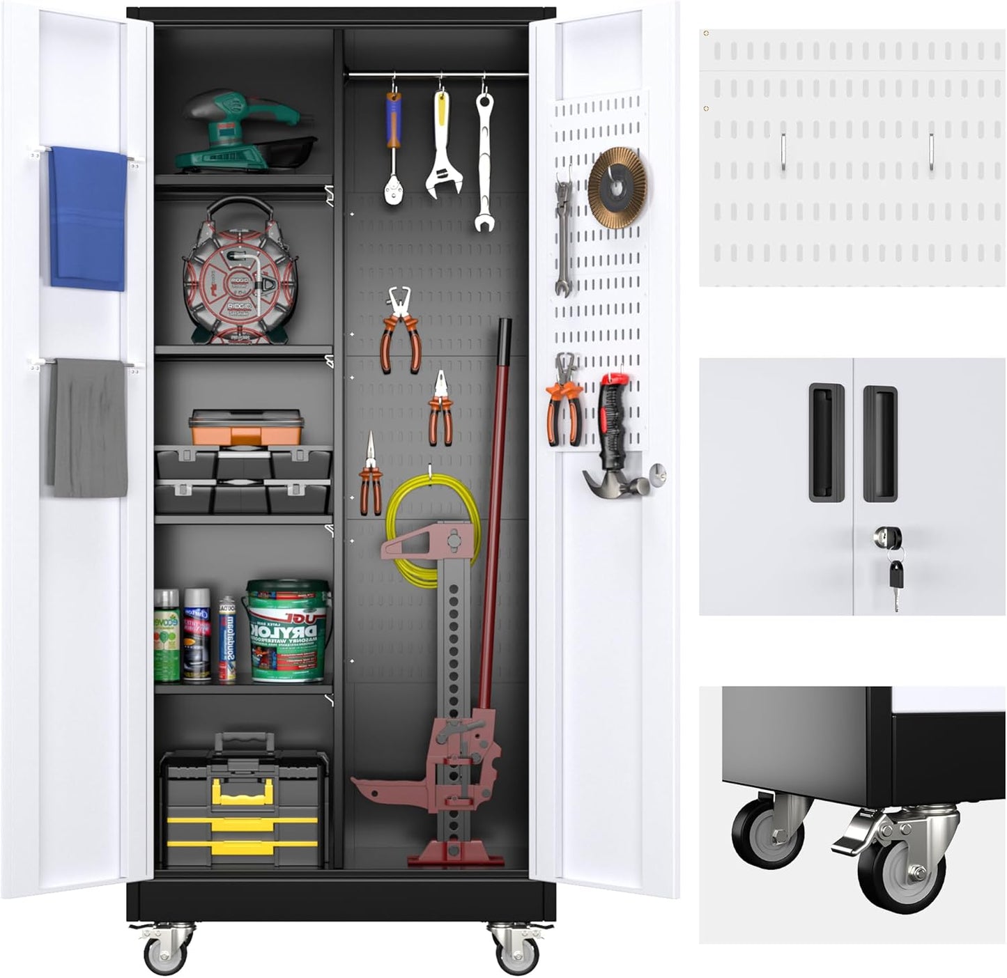 Broom Closet Storage Cabinet with Hanging Rod, 71" H Metal Garage Storage Cabinet with Wheels and 4 Adjustable Shelves, Locking Broom Closet with 13 Hooks for Garage, Bathroom, Home