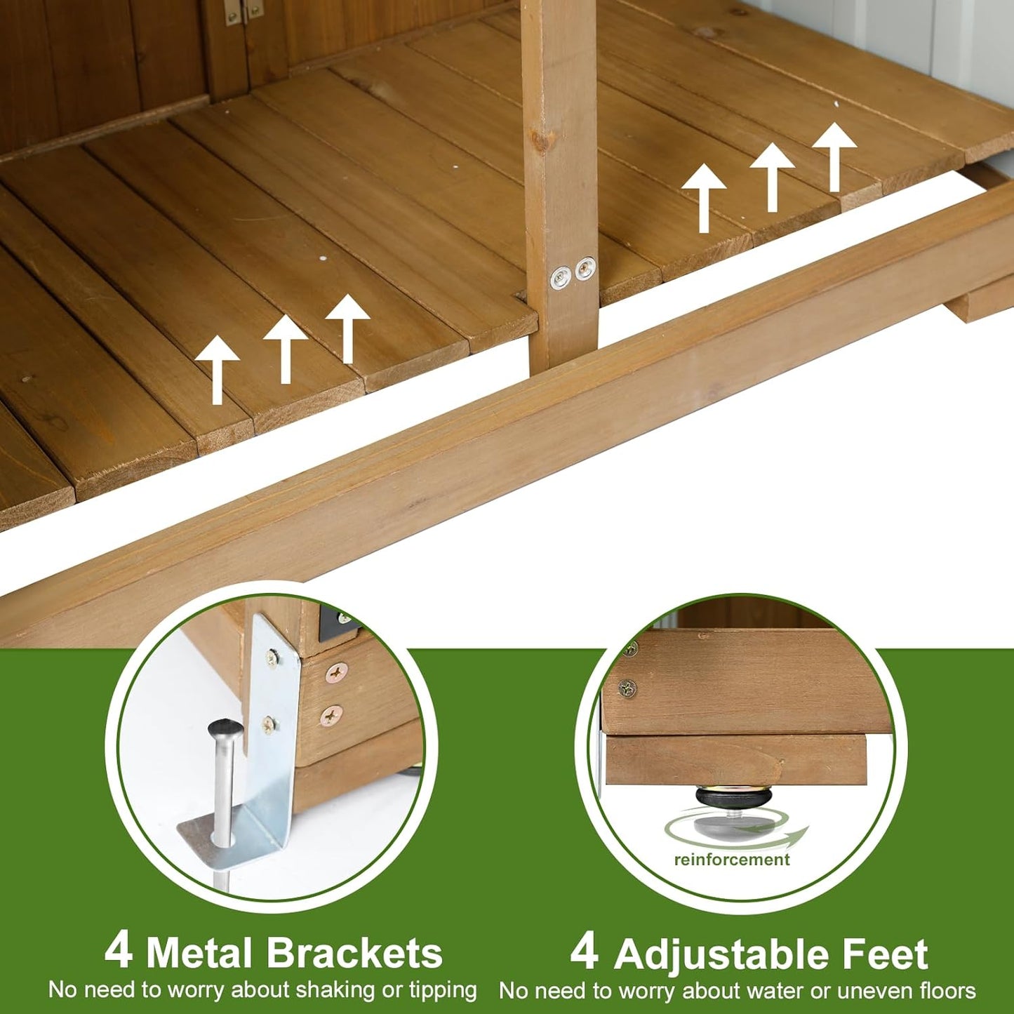 Wood & Metal Outdoor Storage Cabinet with Waterproof Roof, Garden Tool Shed with 6 T-Hinge, 4 Reinforced feet with Metal Brackets and 6 Adjustable feet, 3 Removable Shelves, 13.2X 31x 67IN