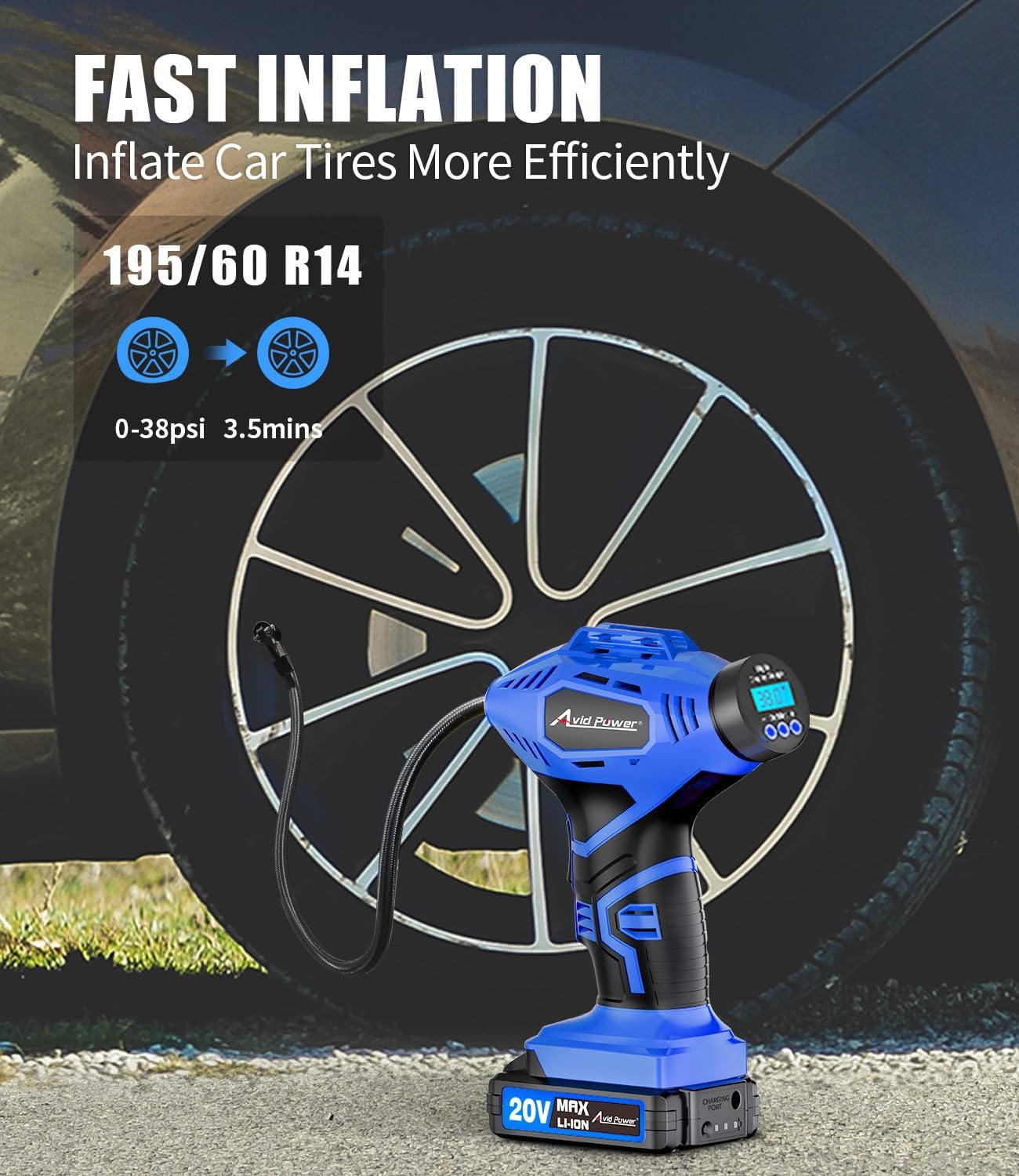 AVID POWER Cordless Tire Inflator Portable Air Compressor, 20V Rechargeable Battery Powered Car Tire Pump w/ 12V DC Adapter, Digital Pressure Gauge, Air Pump for Car, Bike, Motorcycle, Ball