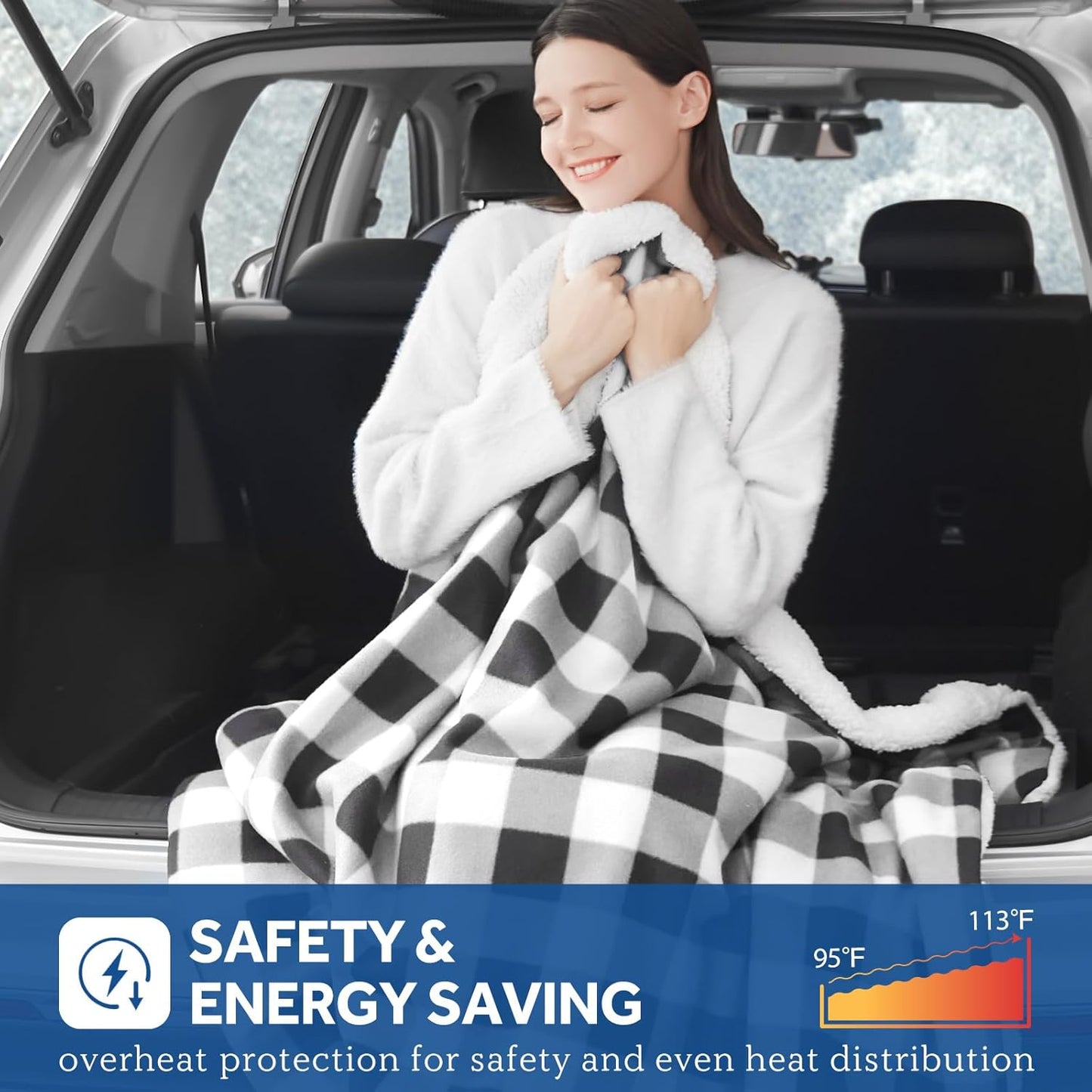 Sealy 12-Volt Heated Car Blanket with 2 USB Output Ports, 3 Heating Levels & 4 Hours Auto Off, Electric Blanket for Car, Truck, SUV, RV or Camping, Machine Washable, 59" X 43", Plaid