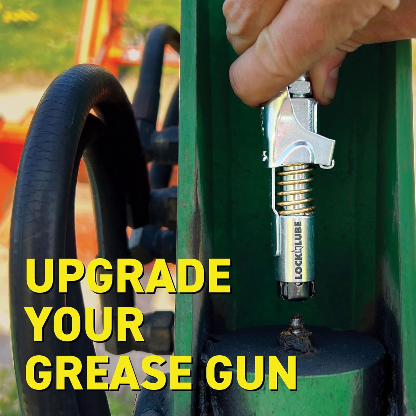 LockNLube Grease Gun Coupler locks onto Zerk fittings. Grease goes in, not on the machine. World's best-selling original locking grease coupler. Rated 10,000 PSI. Long-lasting rebuildable tool.