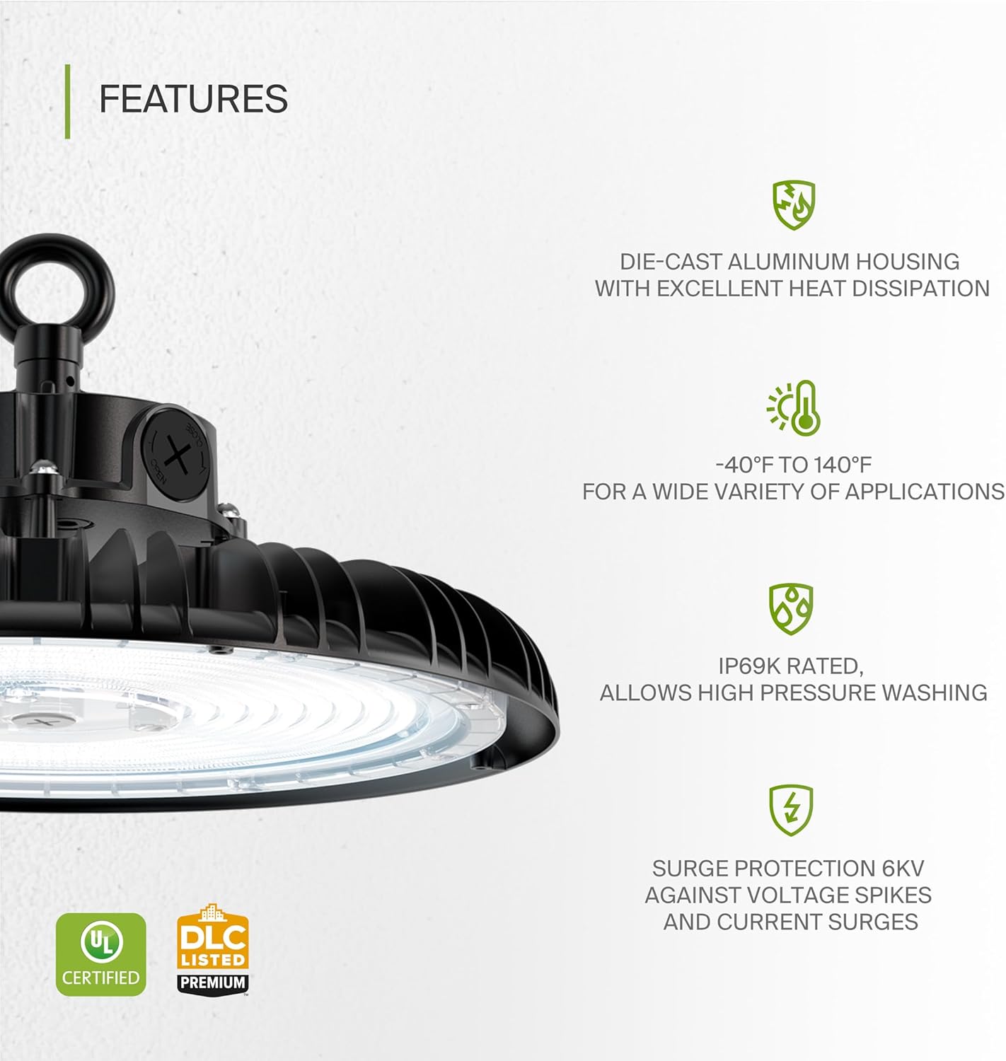 ASD LED High Bay UFO Light Fixture, Commercial Shop Lighting | Dimmable, IP69K Waterproof, DLC Premium, UL Listed | 240W 37000LM 5000K 100-277V | Warehouse, Garage, Workshop, Barn Lamp | Black