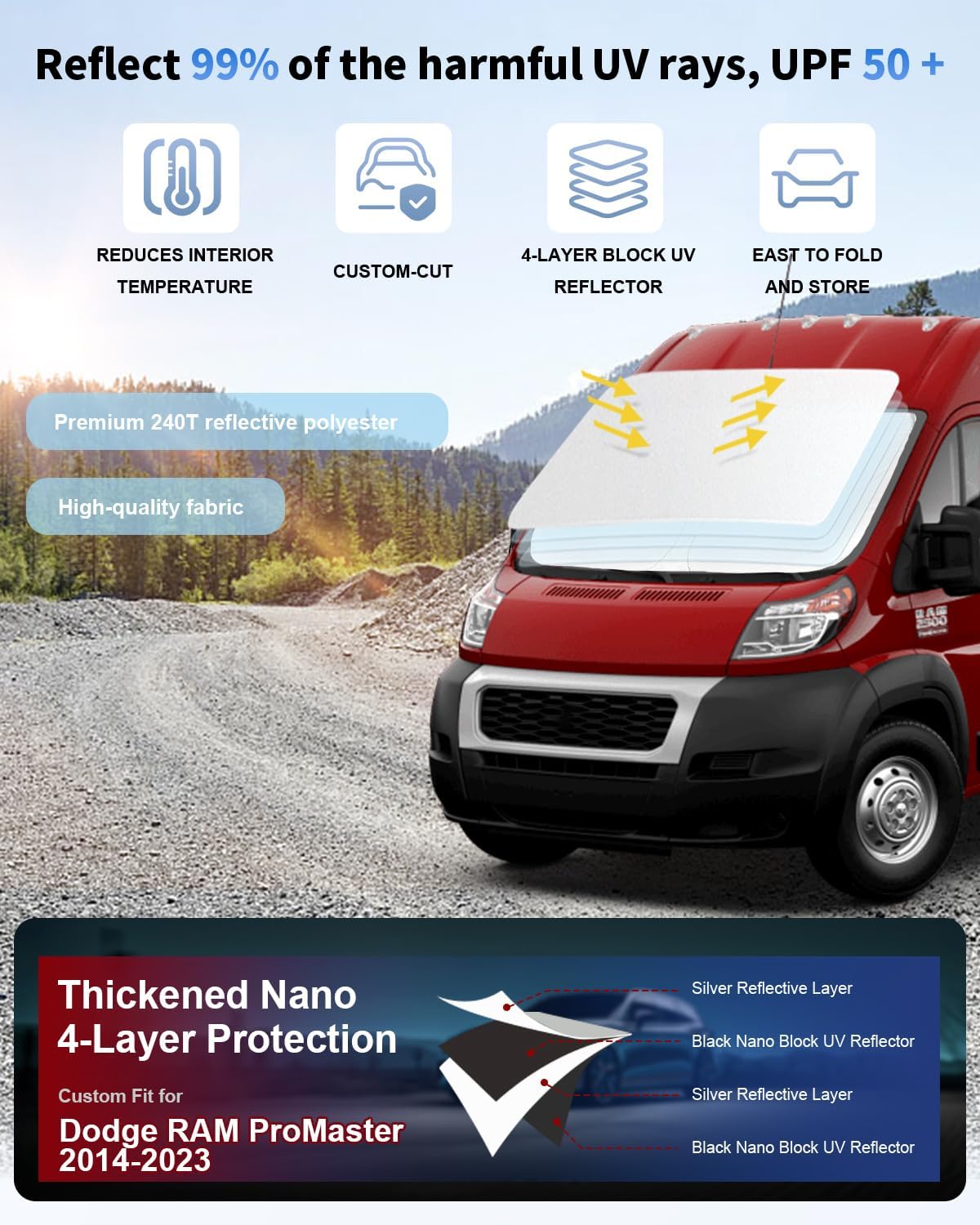 Windshield Sunshade for 2014-2024 2025 2026 Dodge Ram ProMaster Accessories Full Size Cargo Van Chassis Cab Cutaway Front Window Sun Shade Heat UV Rays Reflector Windshield Cover Sun Visor Protector