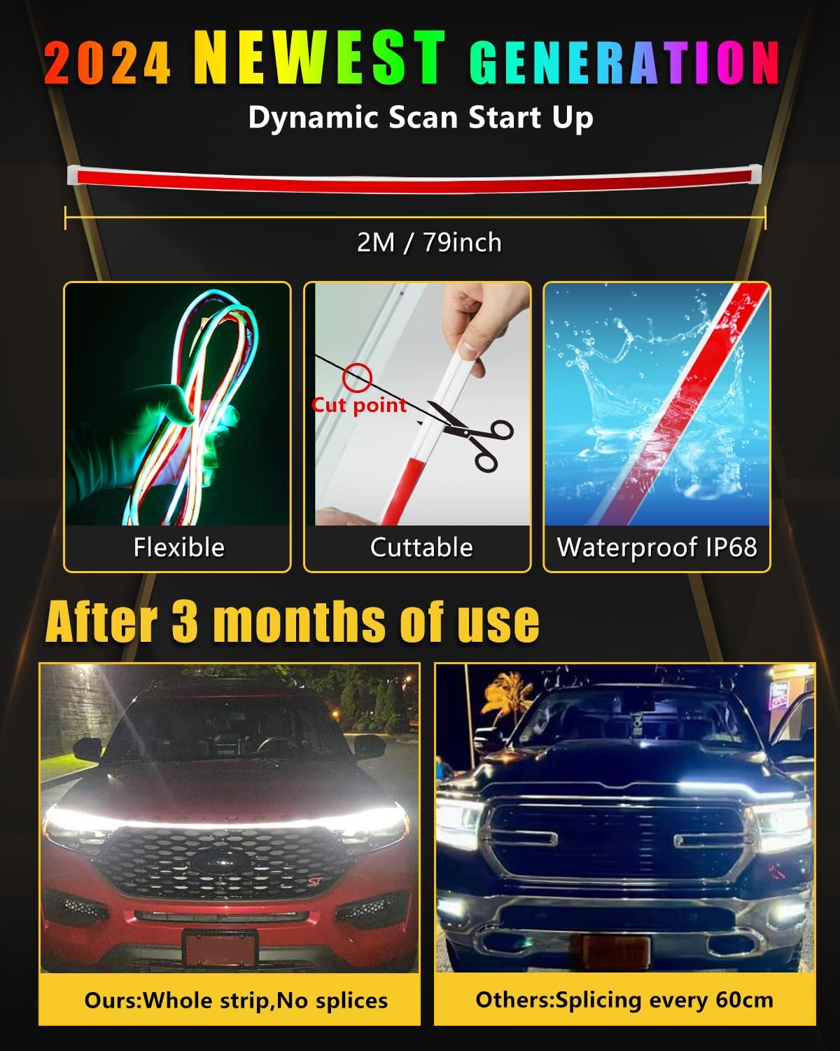 RGB Hood Light Strip with Sequential Turn Signal Indicator Function Waterproof Multicolor Dynamic Scan Start Up Hoodbeam Kit for Cars,Truck,Suv,with APP Control,12V 79inch/2M (1Set)