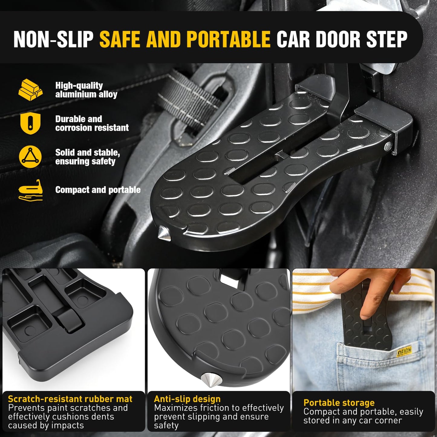 Nilight Car Door Step for Roof Access Universal Car Step Hook for Roof SUV Trucks Folding Aluminum Alloy Vehicle Door Latch Step Pedal with Glass Breaker Safety Hammer, Max Load 400lbs, 1 Pack Black