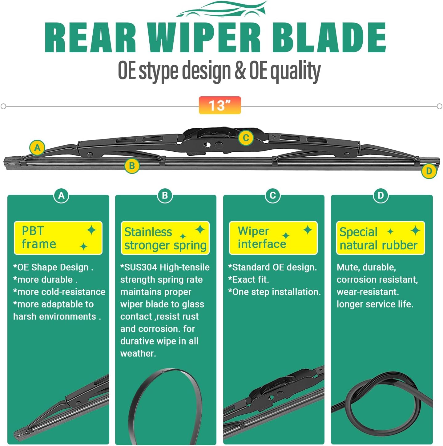 24" 18" 13" Windshield Wiper Blades Replacement for Chevrolet Chevy Equinox 2018 2019 2020 2021 Premium All Weather Front Rear Wipers Set - OEM Quality (Pack of 3)