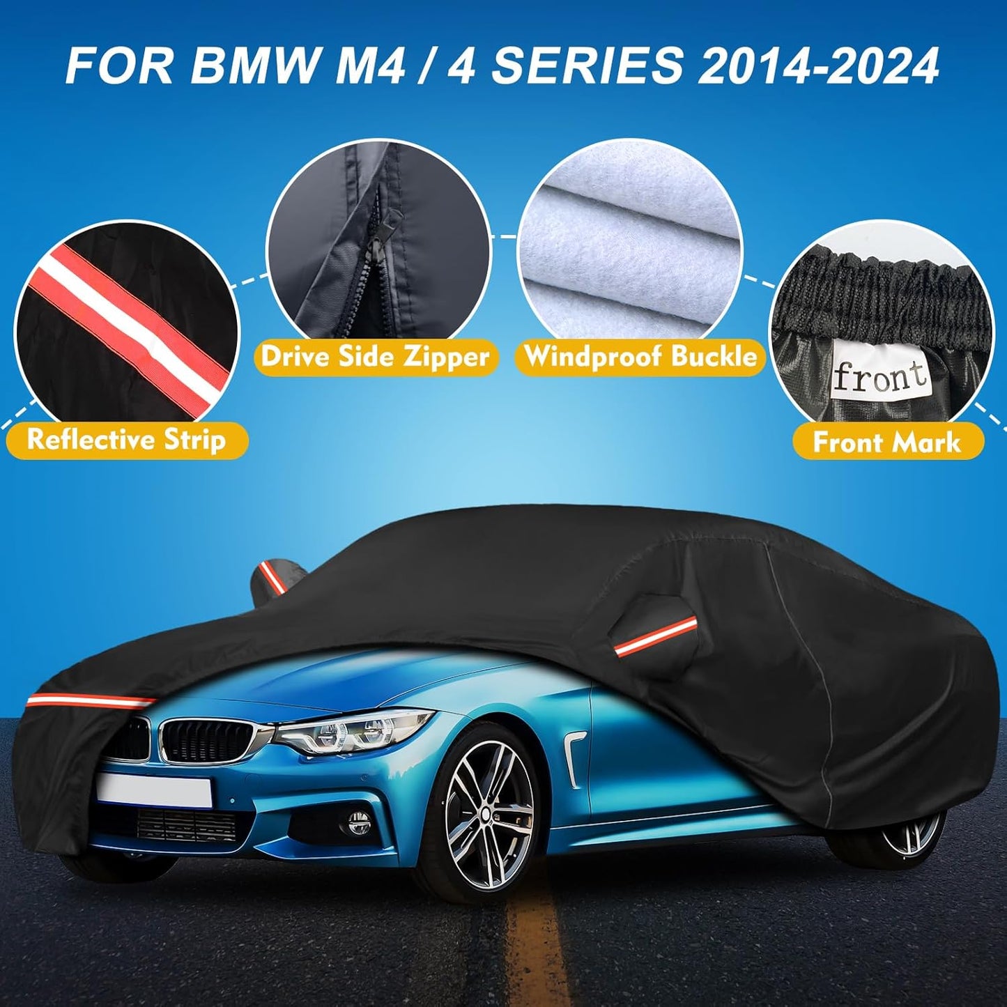 QUNSUNUS Waterproof Car Cover for BMW M4/ 4 Series 420i 428i 430i 435i 440i /4 Coupe 2014-2024, Outdoor All Weather Full Exterior Cover with Straps and Zipper for Wind, Sun, UV and Dust Protection
