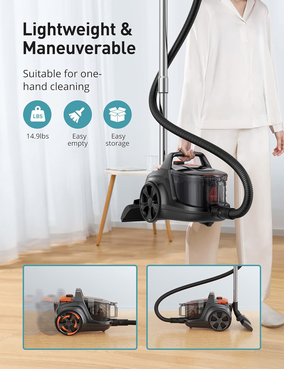 Aspiron Canister Vacuum, Upgraded 1600W Bagless Canister Vacuum Cleaner, Auto Cord Rewind, H13 HEPA Filter, 3.7Qt Large Capacity, 5 Tools for Hard Floors, Carpet, Pet, Upholstery, Tiles, Car, Orange