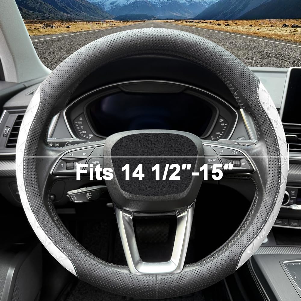 LKWLIKEI Nappa Leather Steering Wheel Cover, Elegant Diamond Checkered Design, Non-Slip wear-Resistant, Enhance Driving Comfort, Suitable for Steering Wheel Diameter 14 1/2‘-15’ Models.Black White