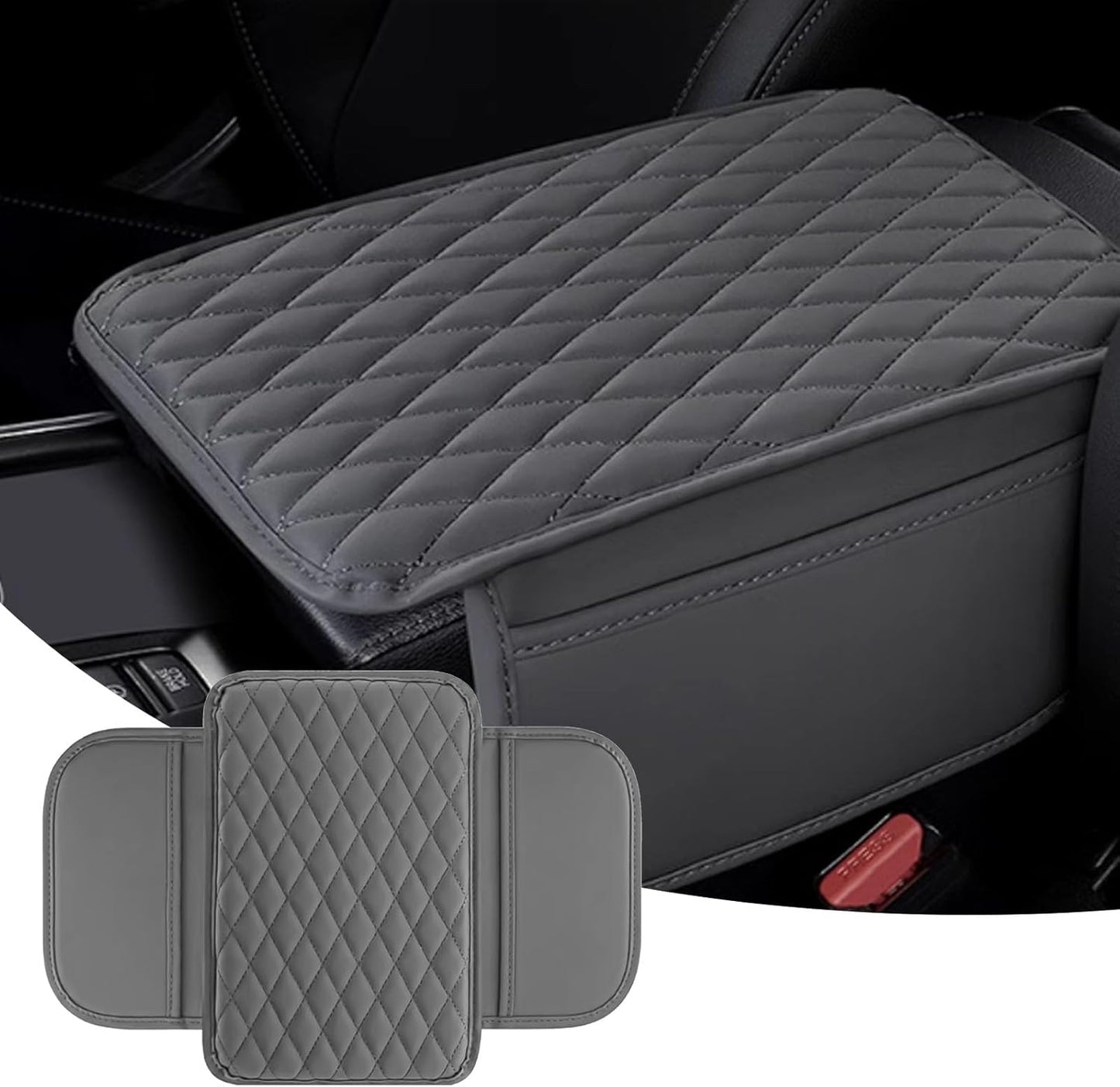 Car Center Console Cover, Upgraded Leather Arm Rest Cover for Car SUV, Car Middle Armrest Console Cover with 2 Storage Bags Scratch Resistant Waterproof Universal Car Accessories (Gray)