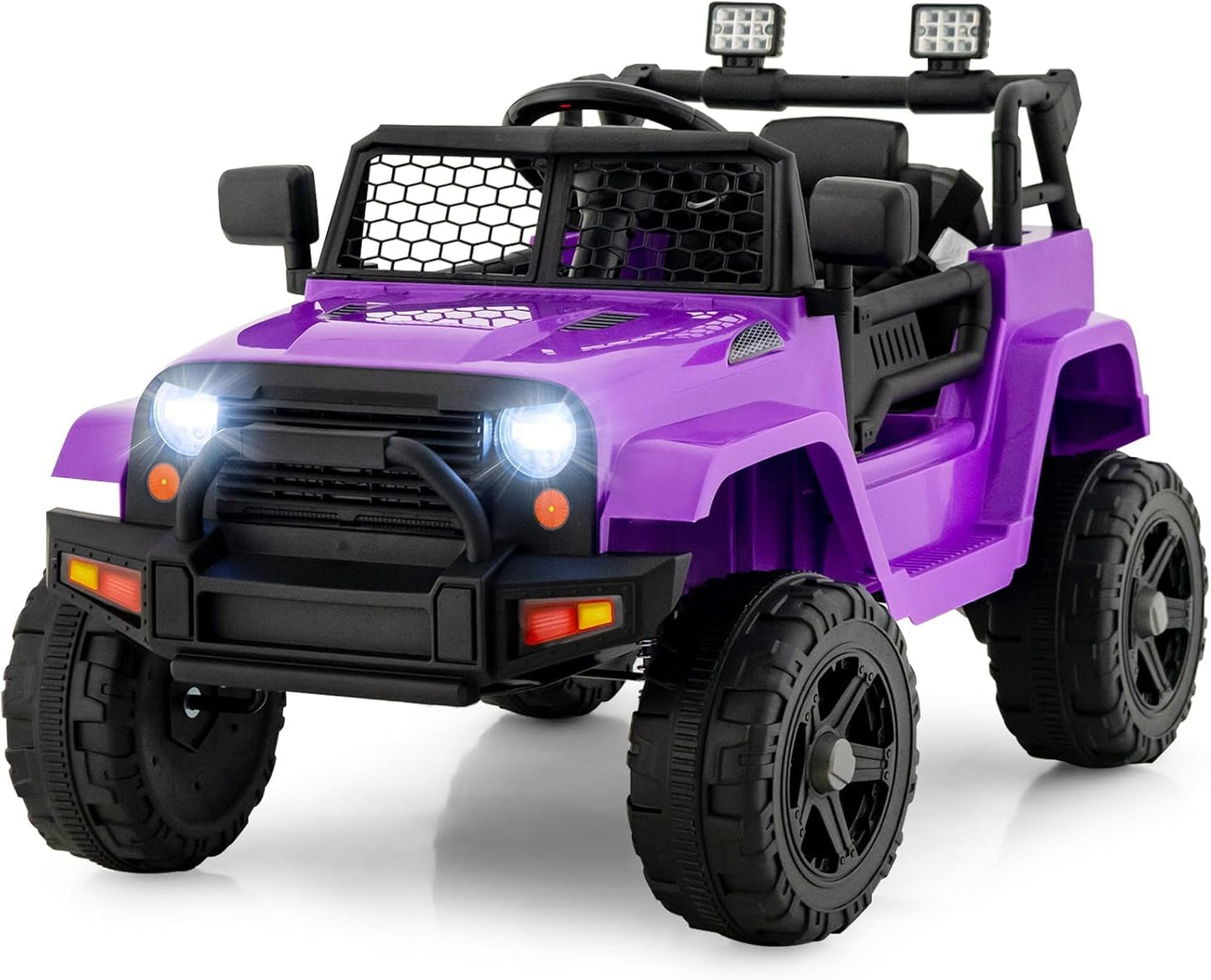 OLAKIDS Kids Ride On Truck, 12V Electric Vehicle Jeep Car with Remote Control, Toddlers Battery Powered Toy with 2 Speeds, Spring Suspension, Double Open Doors, LED Light, Music, TF, USB, Mp3 (Purple)