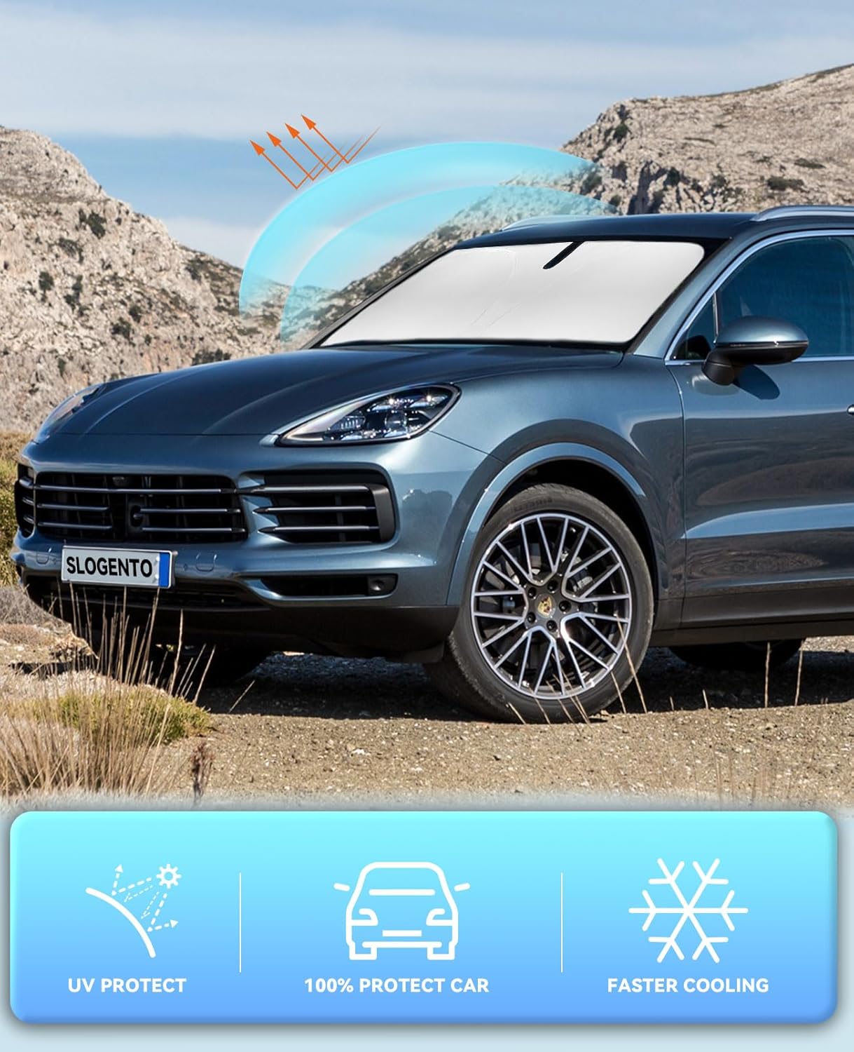 for Porsche Cayenne 2019-2023 2024 2025 Sun Shade Sunshade Windshield Cover, Foldable Front Window Shade Protector Custom Fit Cayenne Sun Visor 240T Fabric Shade Blocks UV Rays Keep Car Cooler