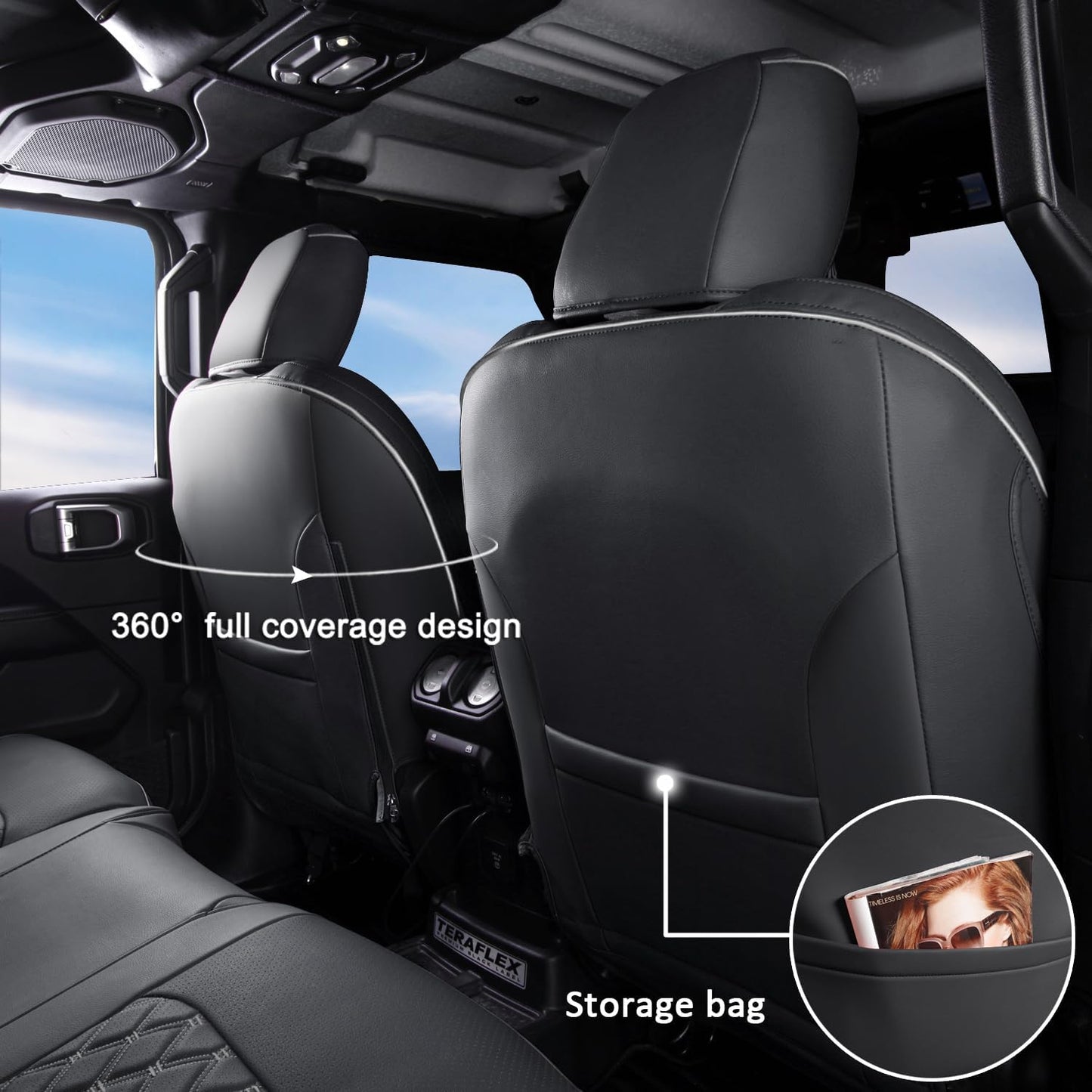 GIANT PANDA Fit Full Set Car Seat Covers for Jeep Wrangler 4 Door JL Sahara Altitude Rubicon 392 Unlimited 2018 2019 2020 2021 2022 2023 2024 2025 with Rear Cup Holder,Faux Leather - (Black+Gray)