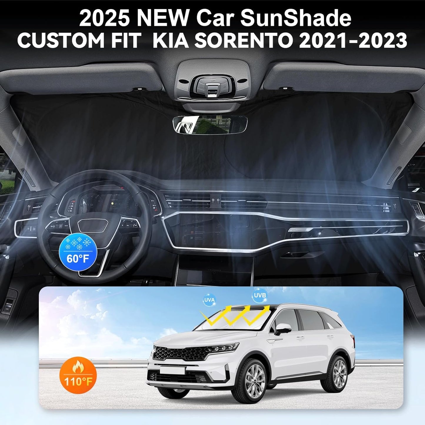 Custom Fit Sorento Windshield Sunshade for 2021-2024 2025 2026 KIA Sorento Front Window Shades Cover for Windshield Sun Visor Protector 210T Reflector Block Heat and Sun Protection Cooler Accessories