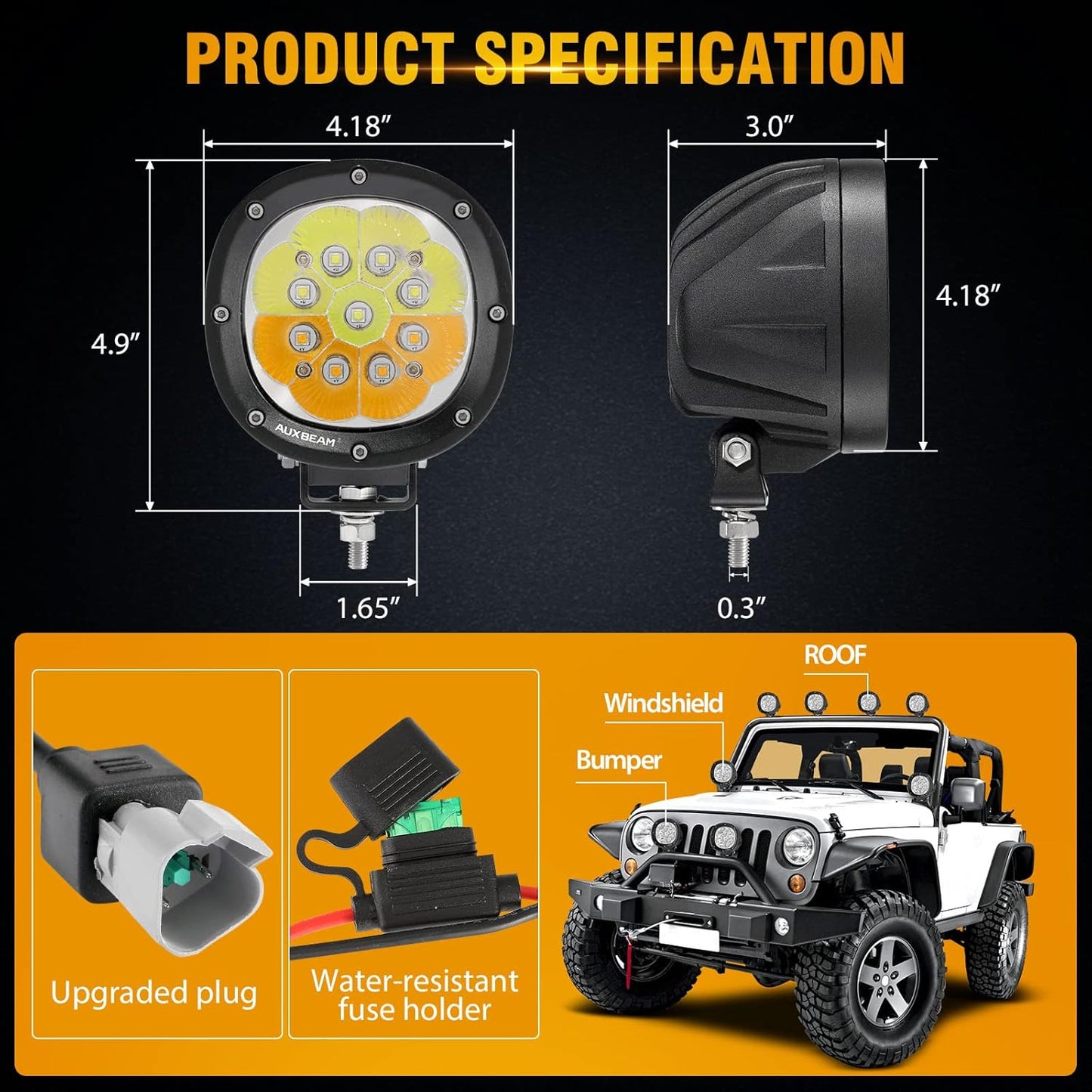 Auxbeam 4 Inch Round Offroad Light, 90W LED Amber White Spot Strobe Light Pods with 6 Modes, Dual Color Flashing Driving Fog Lights Bar Plug & Play for Truck, Pickup, SUV, ATV, UTV, 4x4, Jeep