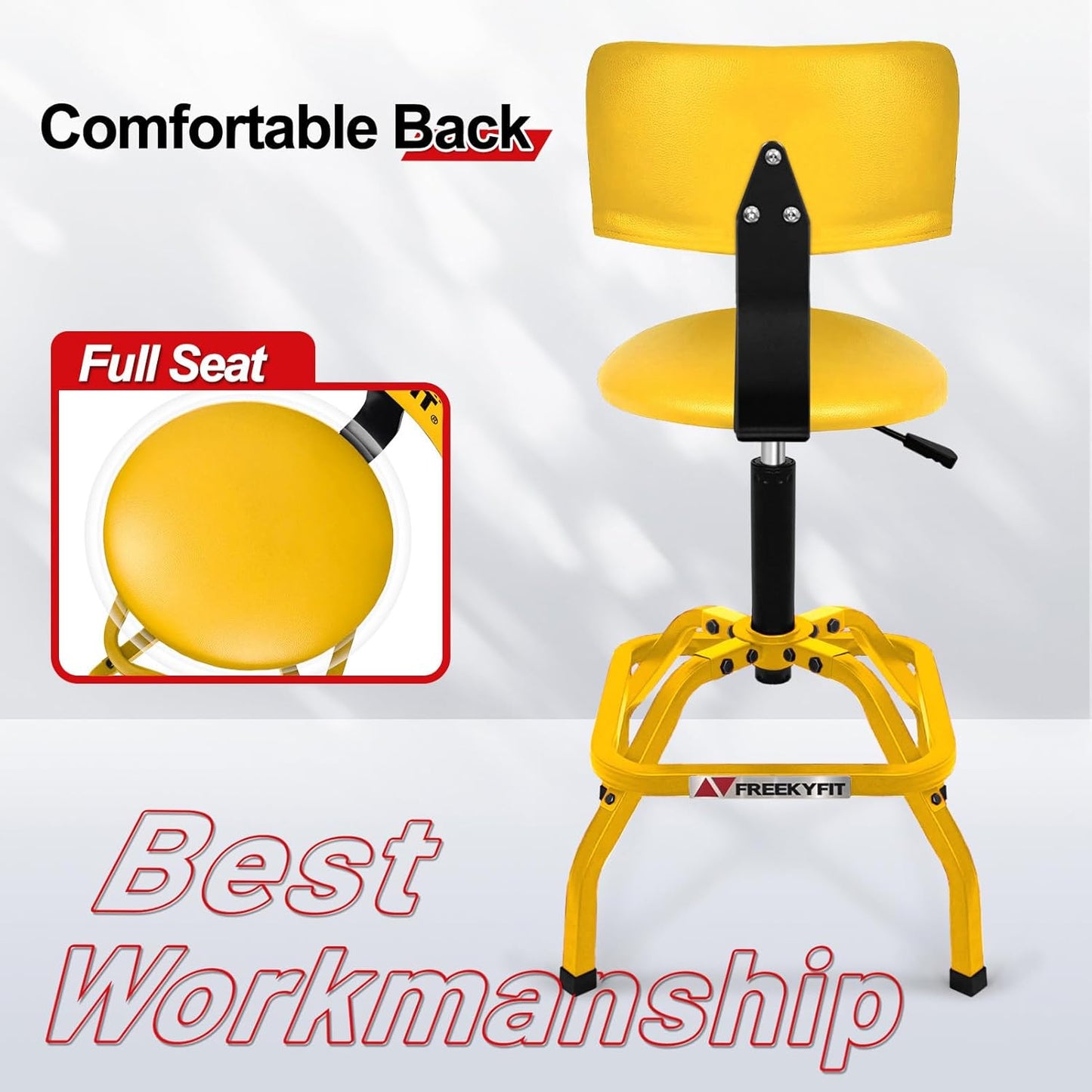 Shop Stool with Backrest, Mechanic Garage Stool for Workshop, Adjustable Shop Stools Chair, Padded Workbench Stools for Men Women, 300 LBS Capacity, 360° Swivel PVC Seat, Heavy Duty, Yellow