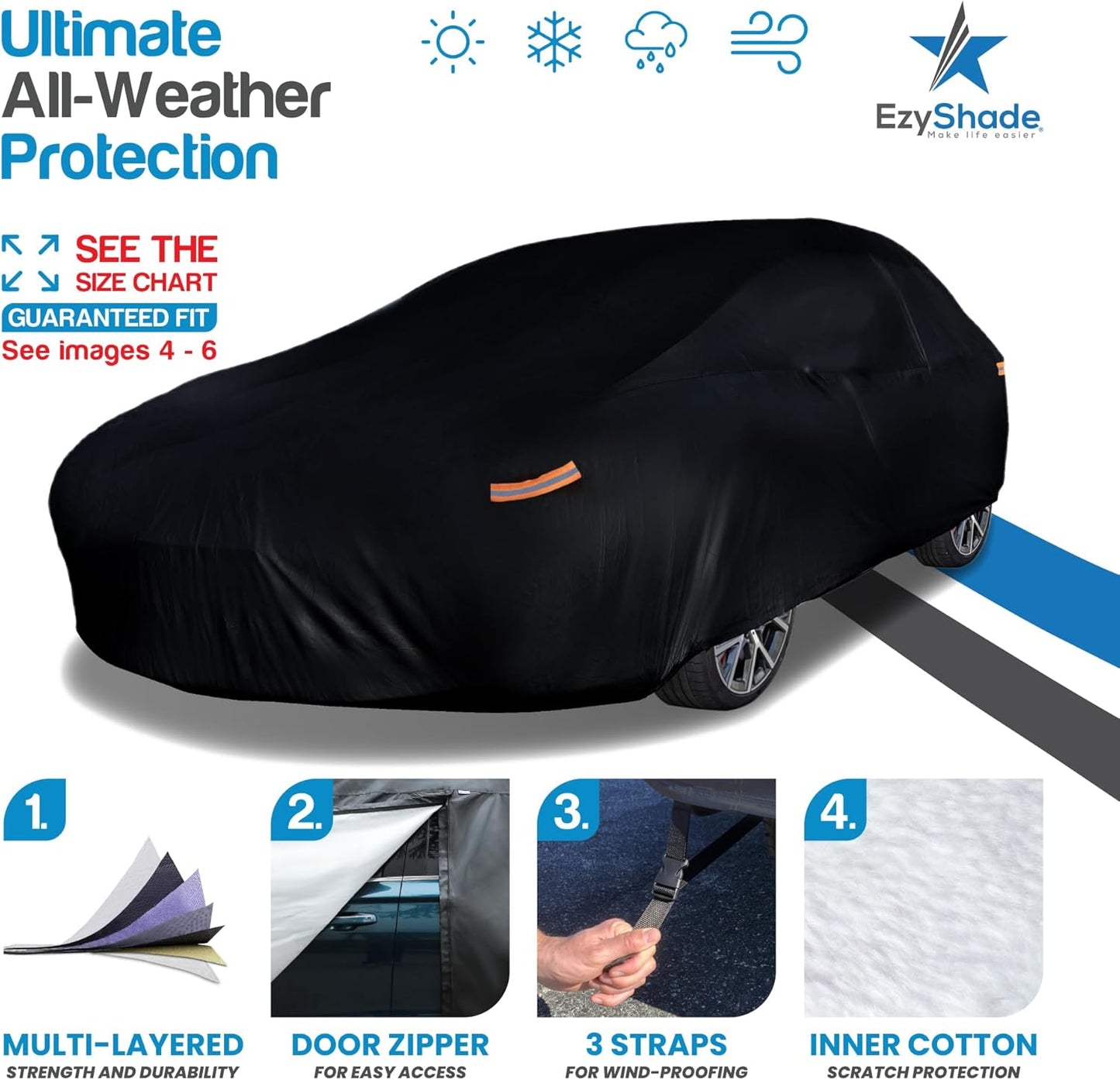 EzyShade 10-Layer Waterproof Sports Car Cover. See Vehicle Size-Chart for Accurate Fit. All Weather Full Outdoor Covers. Corvette Mustang Porsche. Sun Snow Wind Rain. Black, Size C3 (See SizeChart)